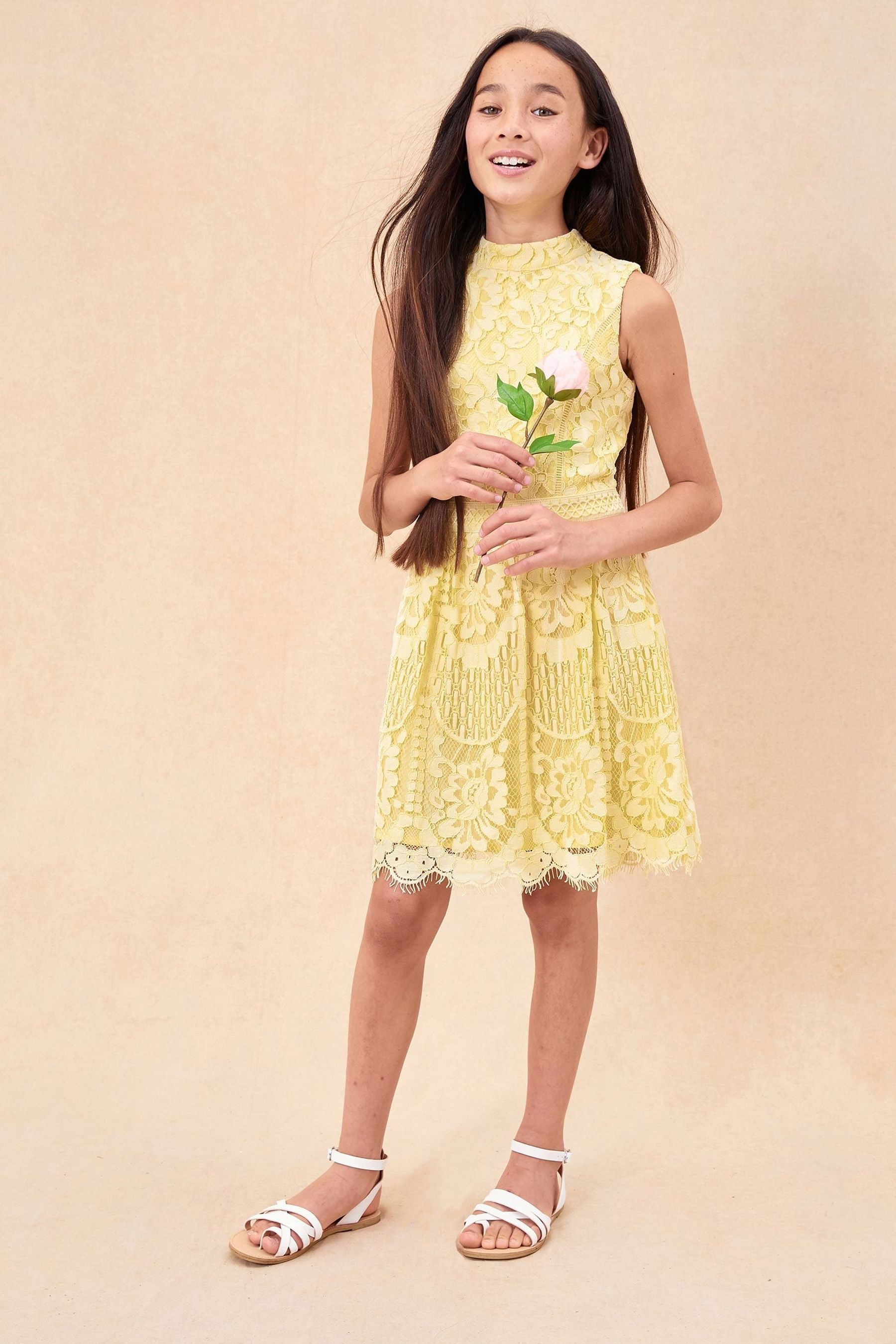 Yellow High Neck Lace Occasion Dress