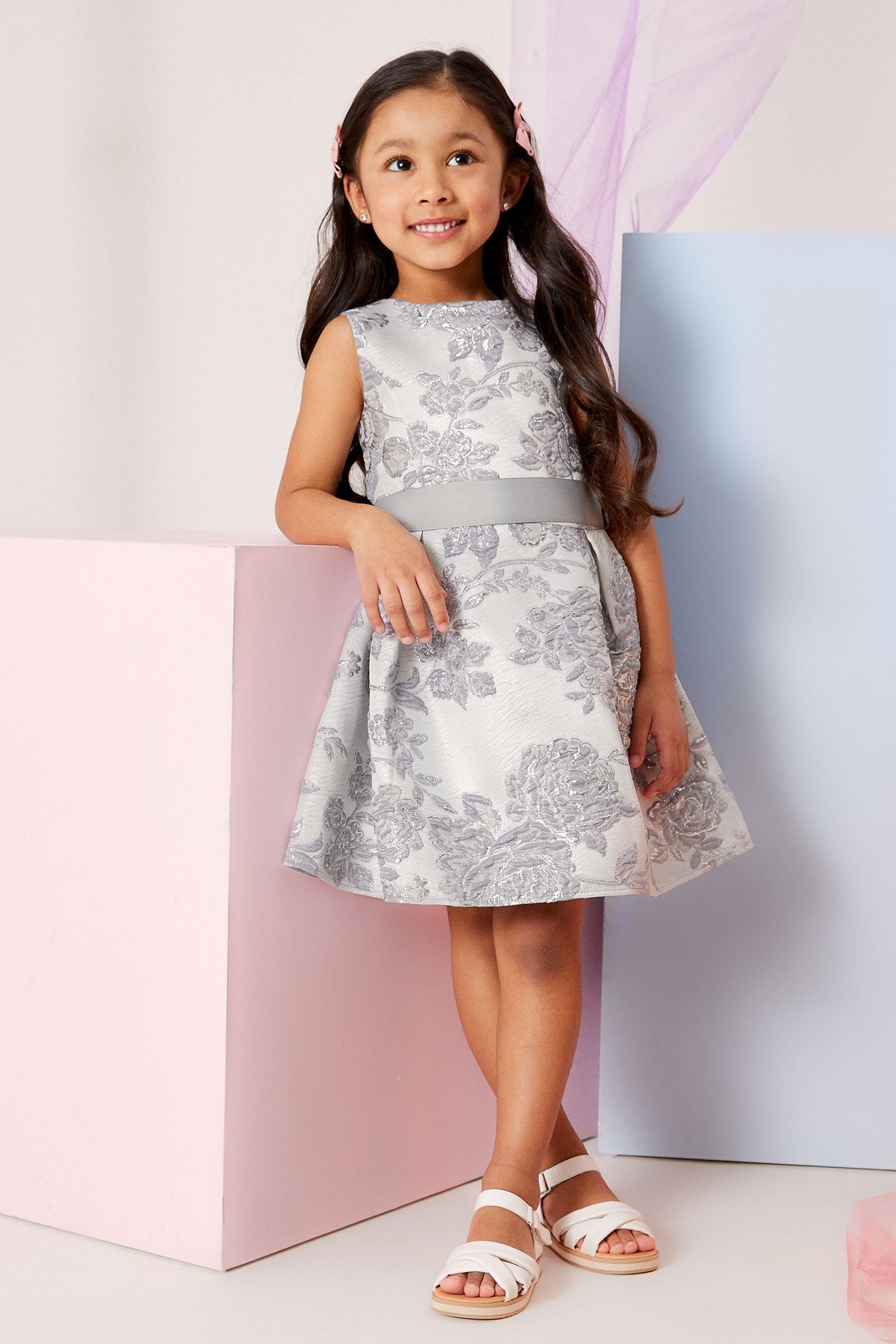 Silver Mini Jacquard Belted Dress