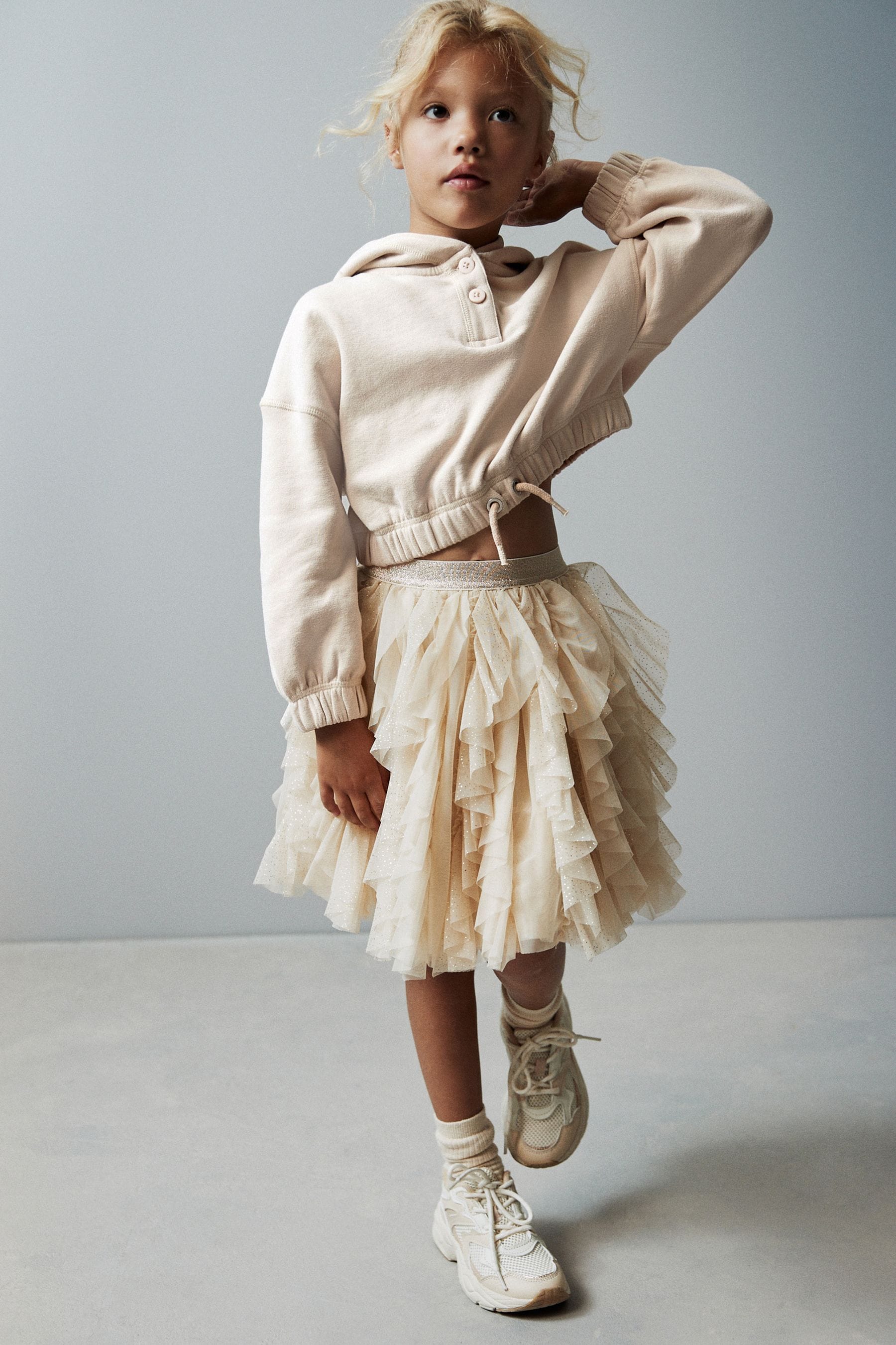 Ecru Cream/Gold Sparkle Tiered Tulle Mesh Skirt (3-16yrs)