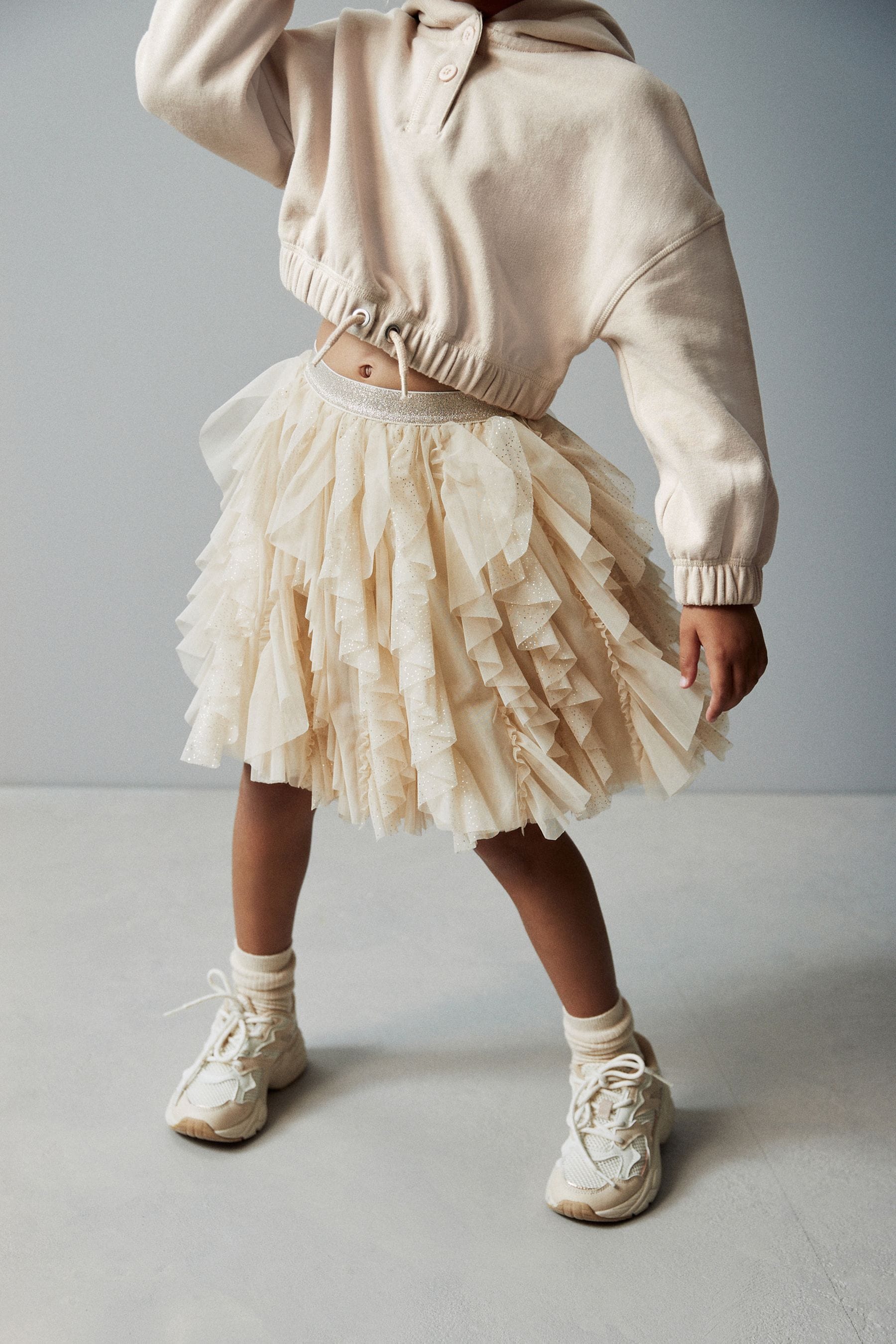 Ecru Cream/Gold Sparkle Tiered Tulle Mesh Skirt (3-16yrs)