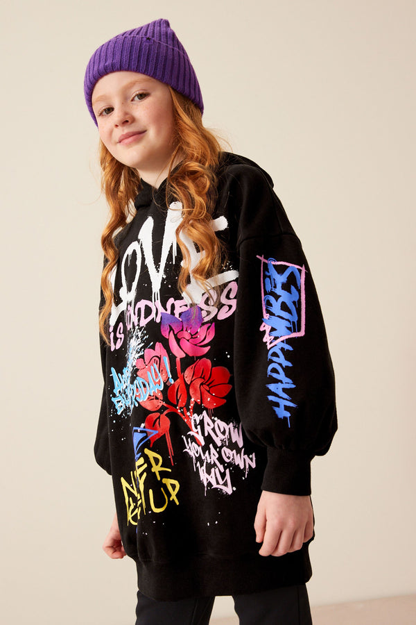 Black Graffiti Printed Longline Hoodie (3-16yrs)