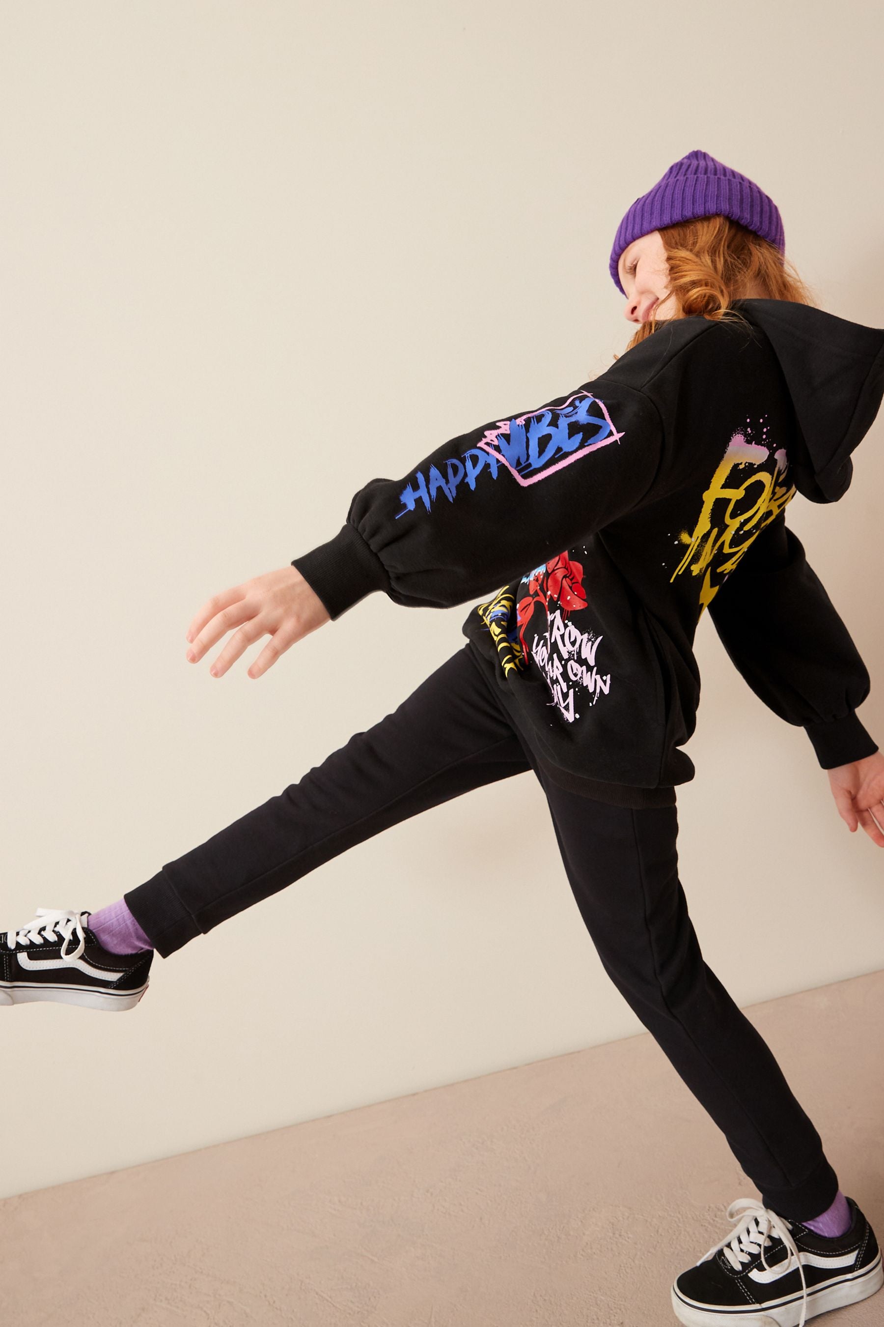 Black Graffiti Printed Longline Hoodie (3-16yrs)