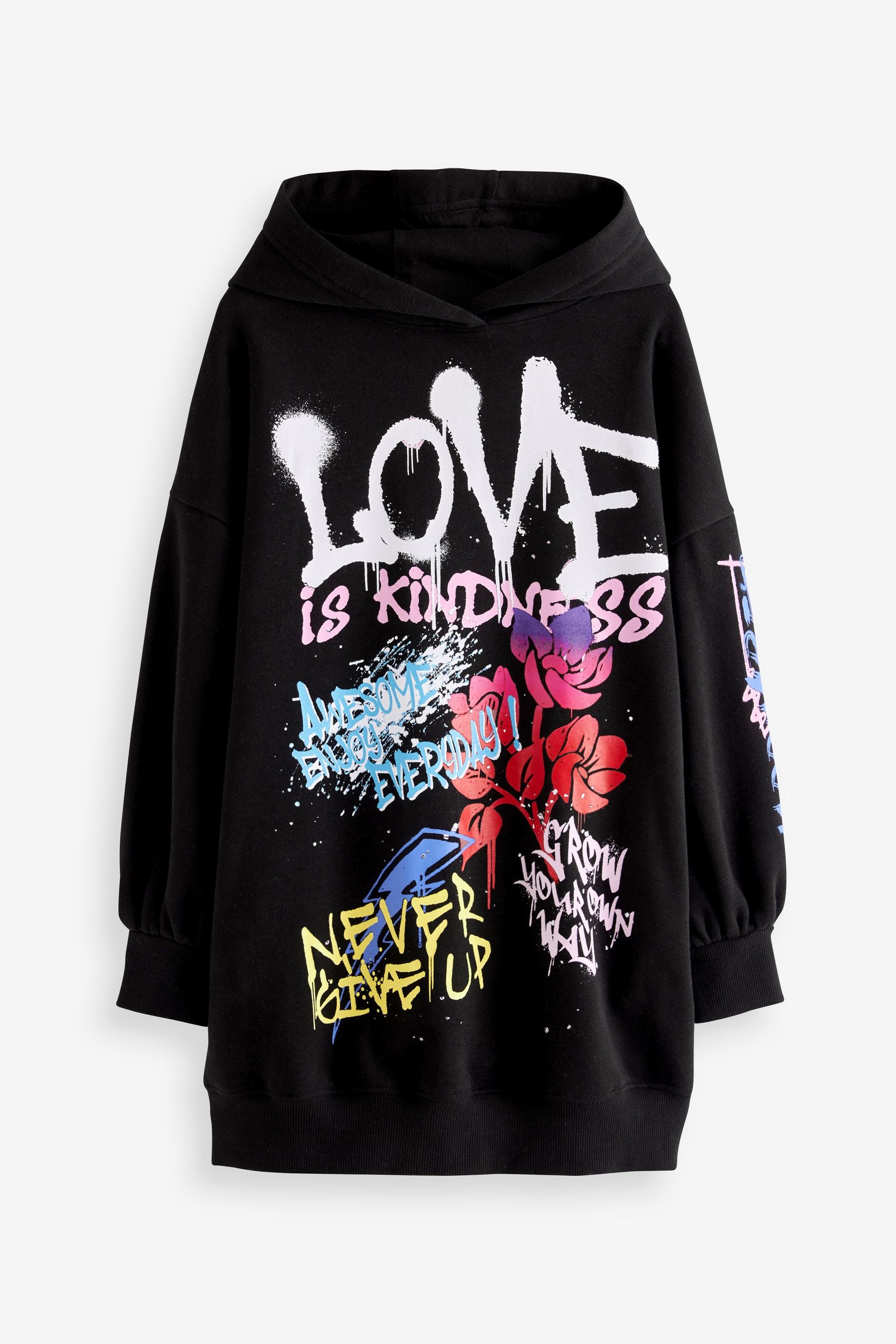 Black Graffiti Printed Longline Hoodie (3-16yrs)