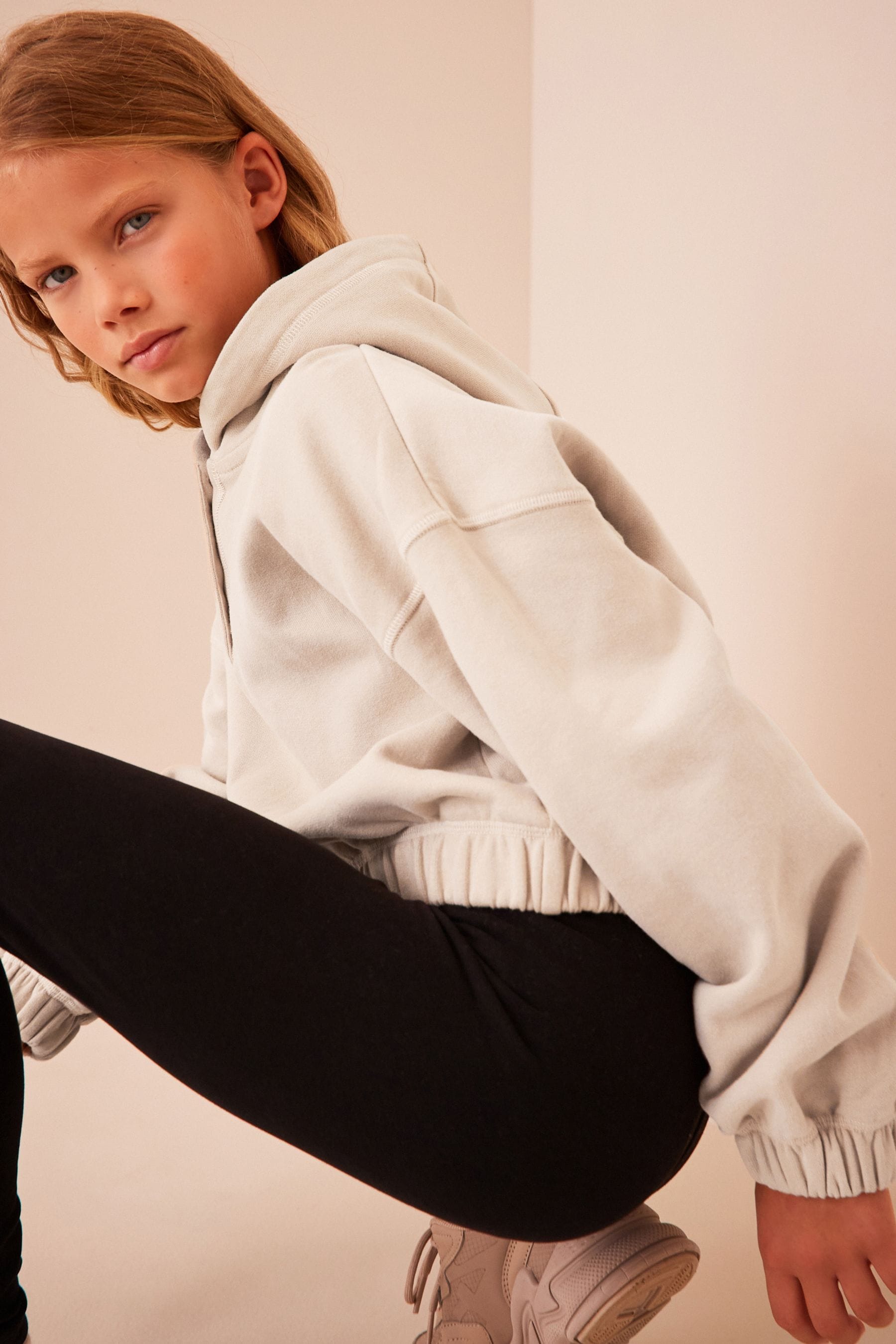 Ecru Cream Cropped Drawstring Waist Hoodie (3-16yrs)