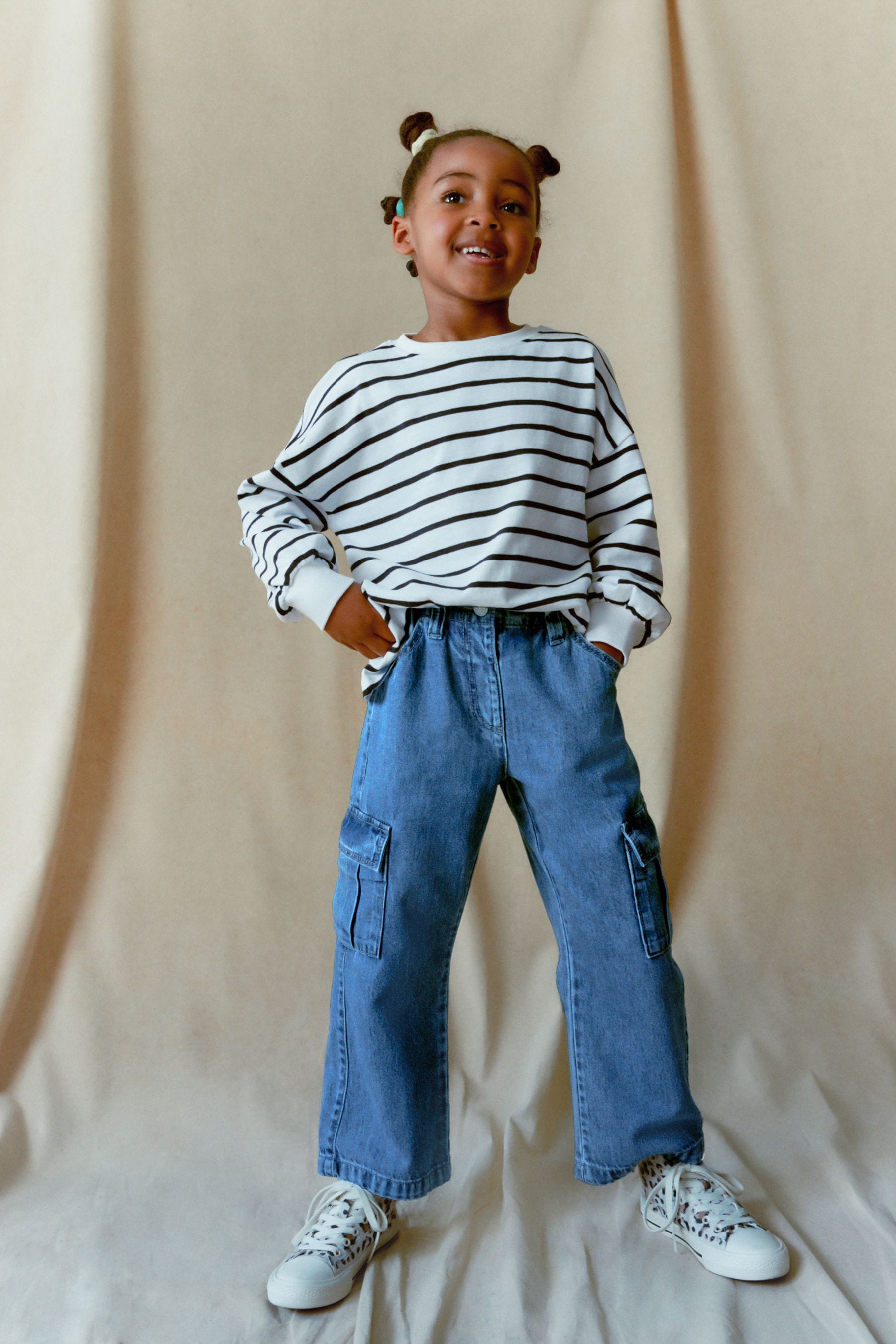 Mid Blue Denim Wide Leg 100% Cotton Cargo Trousers (3-16yrs)