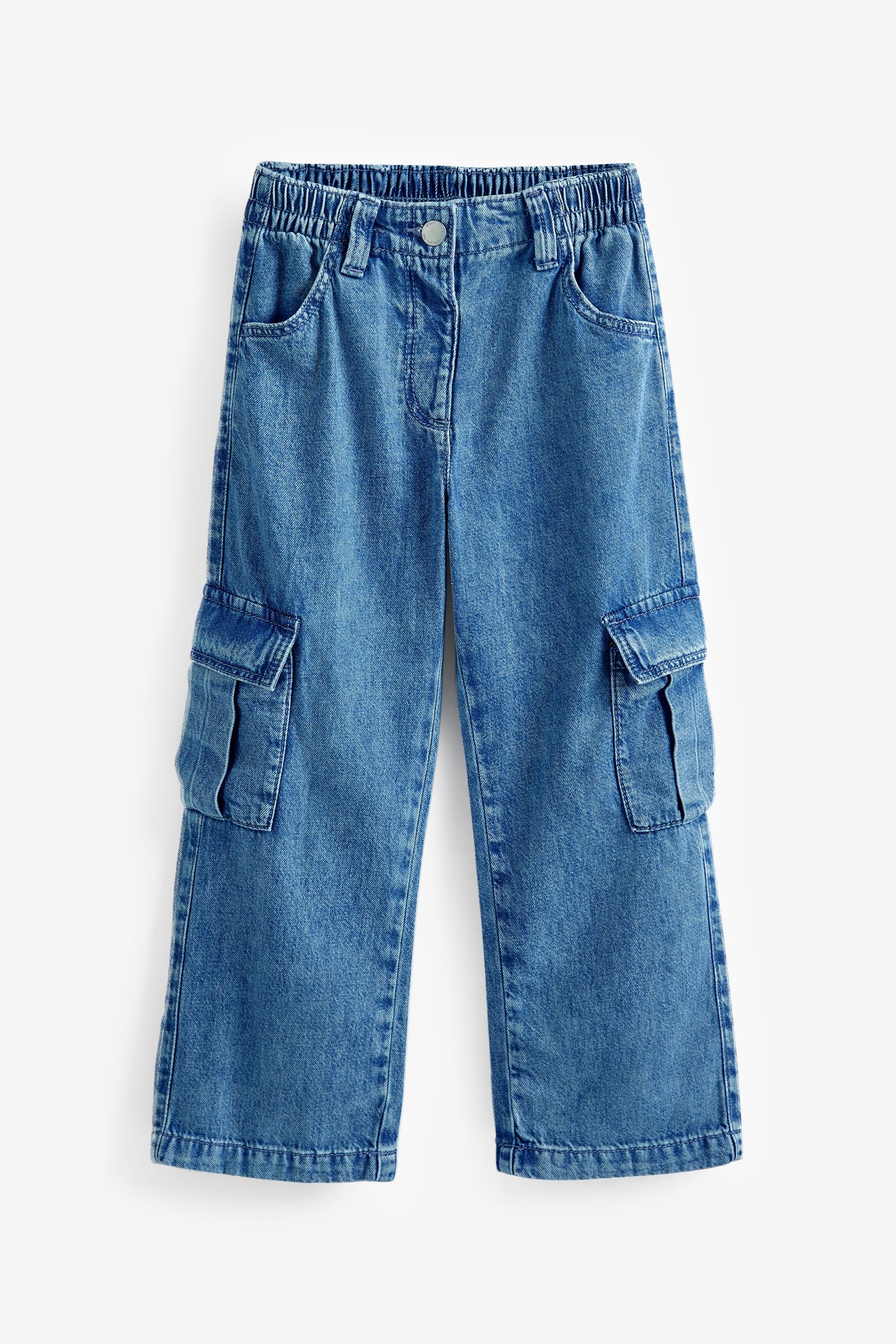 Mid Blue Denim Wide Leg 100% Cotton Cargo Trousers (3-16yrs)