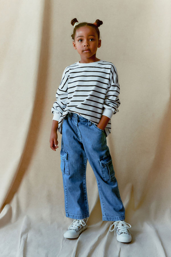 Mid Blue Denim Wide Leg 100% Cotton Cargo Trousers (3-16yrs)