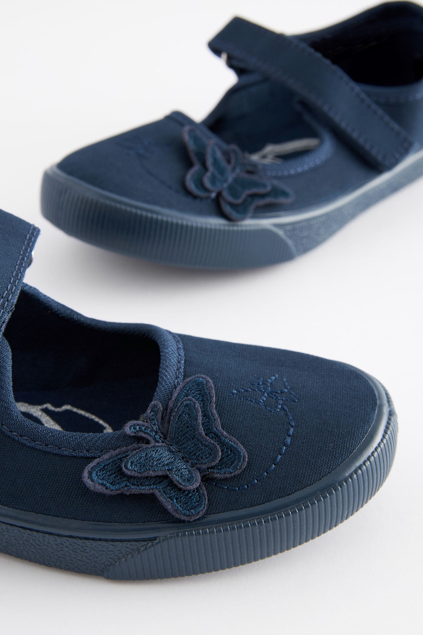 Navy Blue Standard Fit (F) Butterfly Embroidered School Plimsoll Shoes