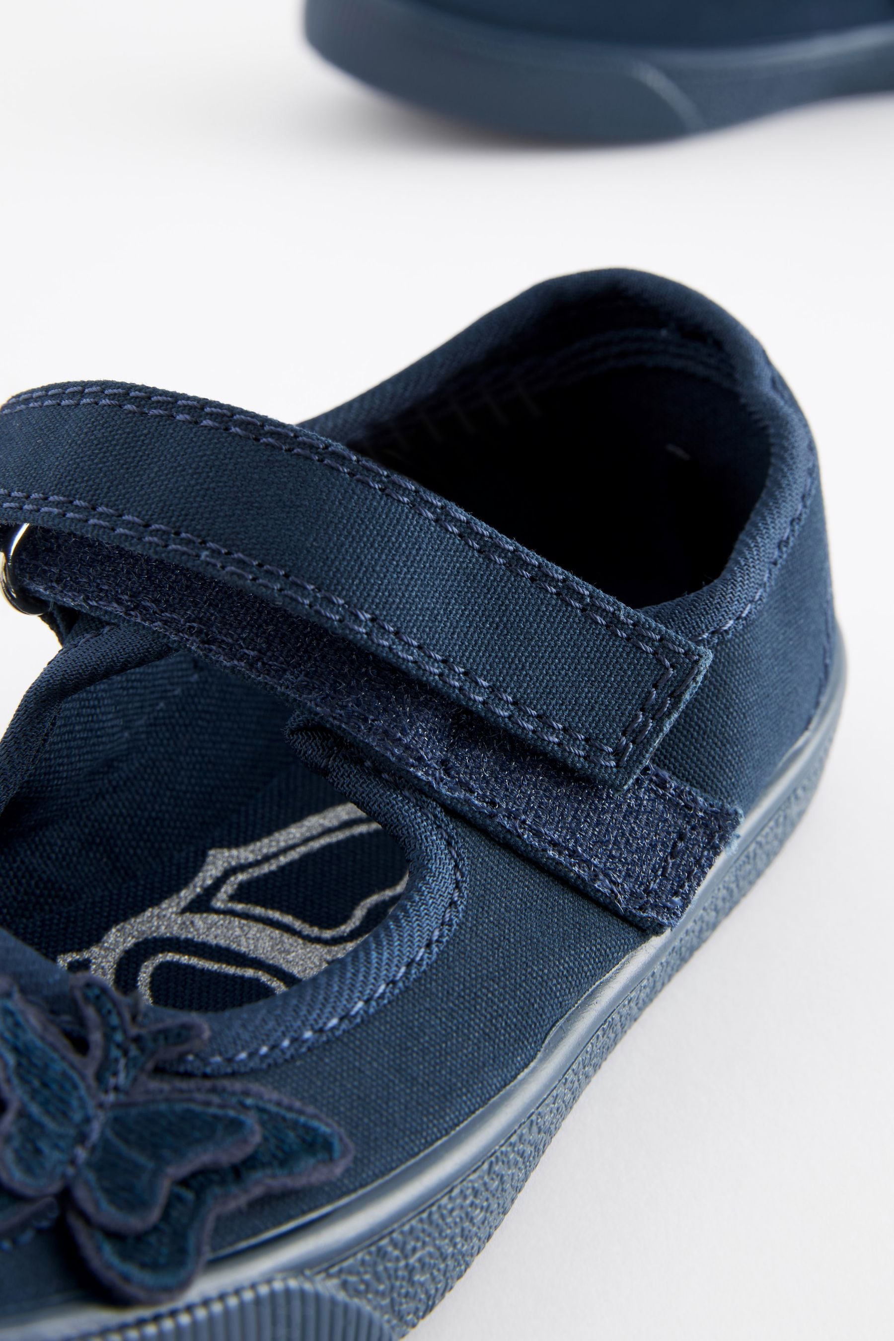 Navy Blue Standard Fit (F) Butterfly Embroidered School Plimsoll Shoes