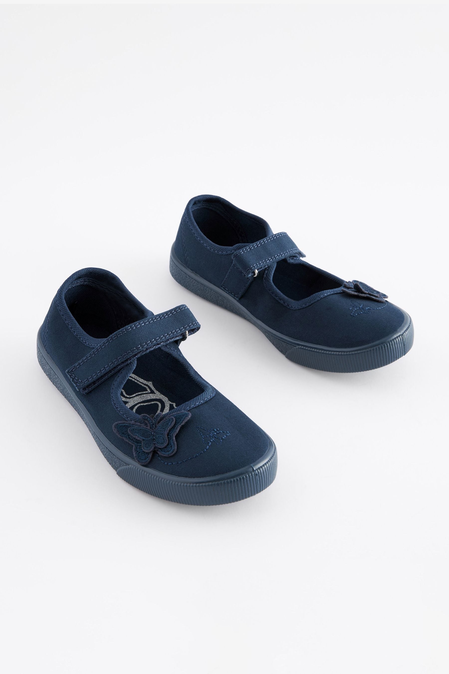 Navy Blue Standard Fit (F) Butterfly Embroidered School Plimsoll Shoes