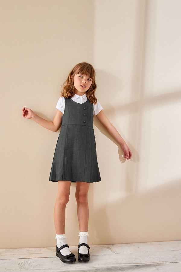 Grey Asymmetric Button Front Pinafore School Dress (3-14yrs)