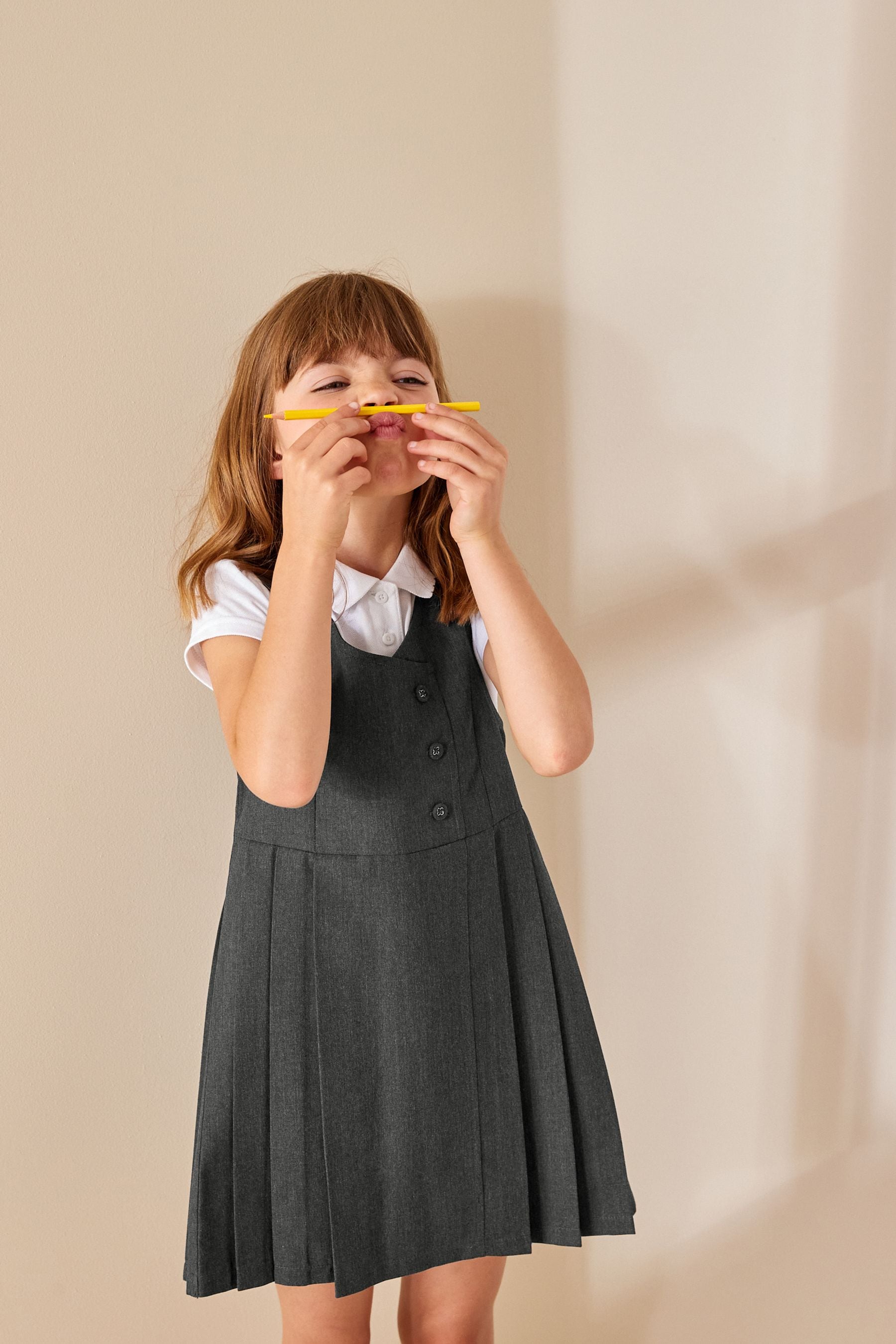 Grey Asymmetric Button Front Pinafore School Dress (3-14yrs)