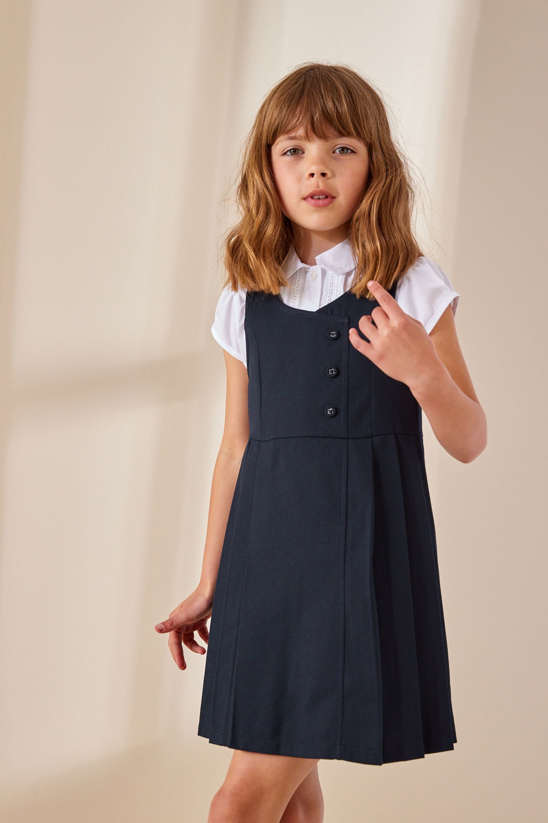 Navy Blue Asymmetric Button Front Pinafore School Dress (3-14yrs)