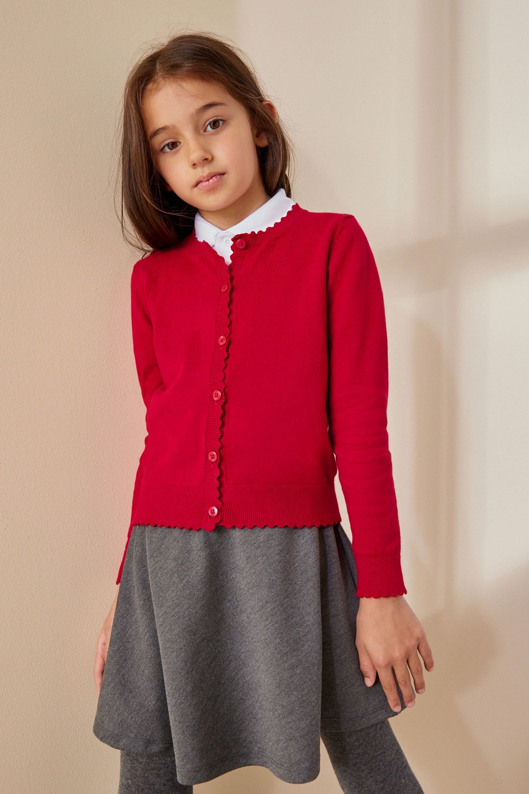 Red Cotton Rich Scalloped Edge School Cardigan (3-16yrs)