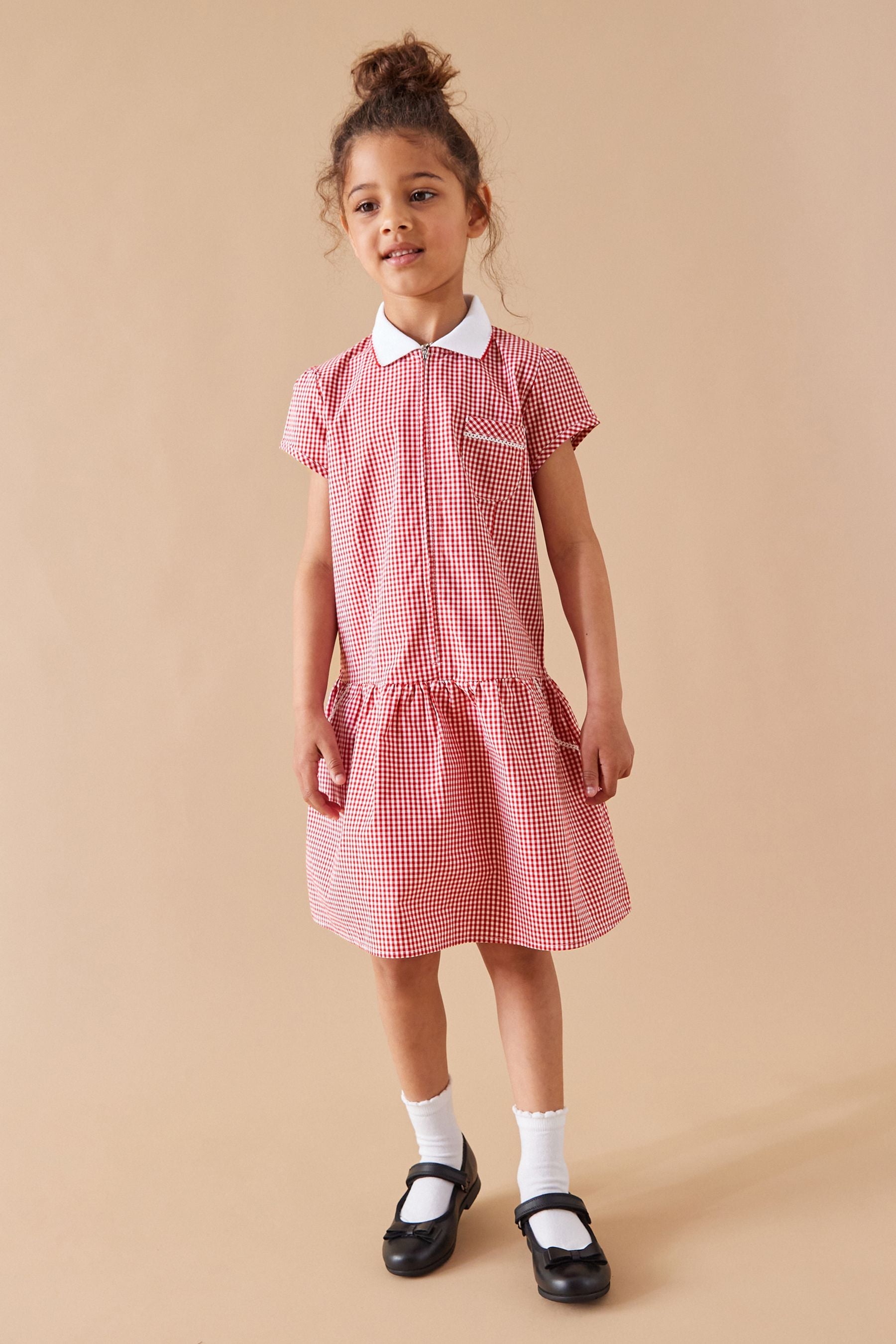 Red Zip Front Cotton Rich Gingham School Dress (3-14yrs)