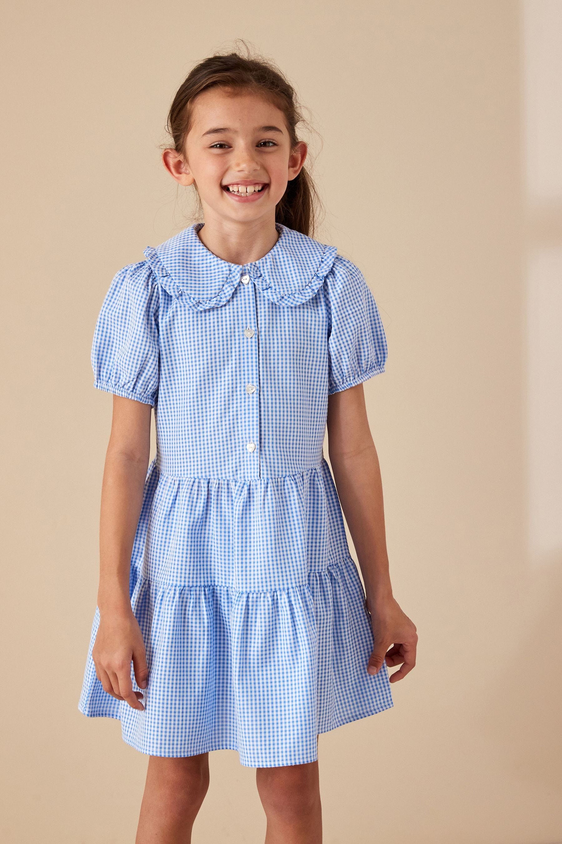 Blue Cotton Rich School Gingham Tiered Pretty Collar Dress (3-14yrs)