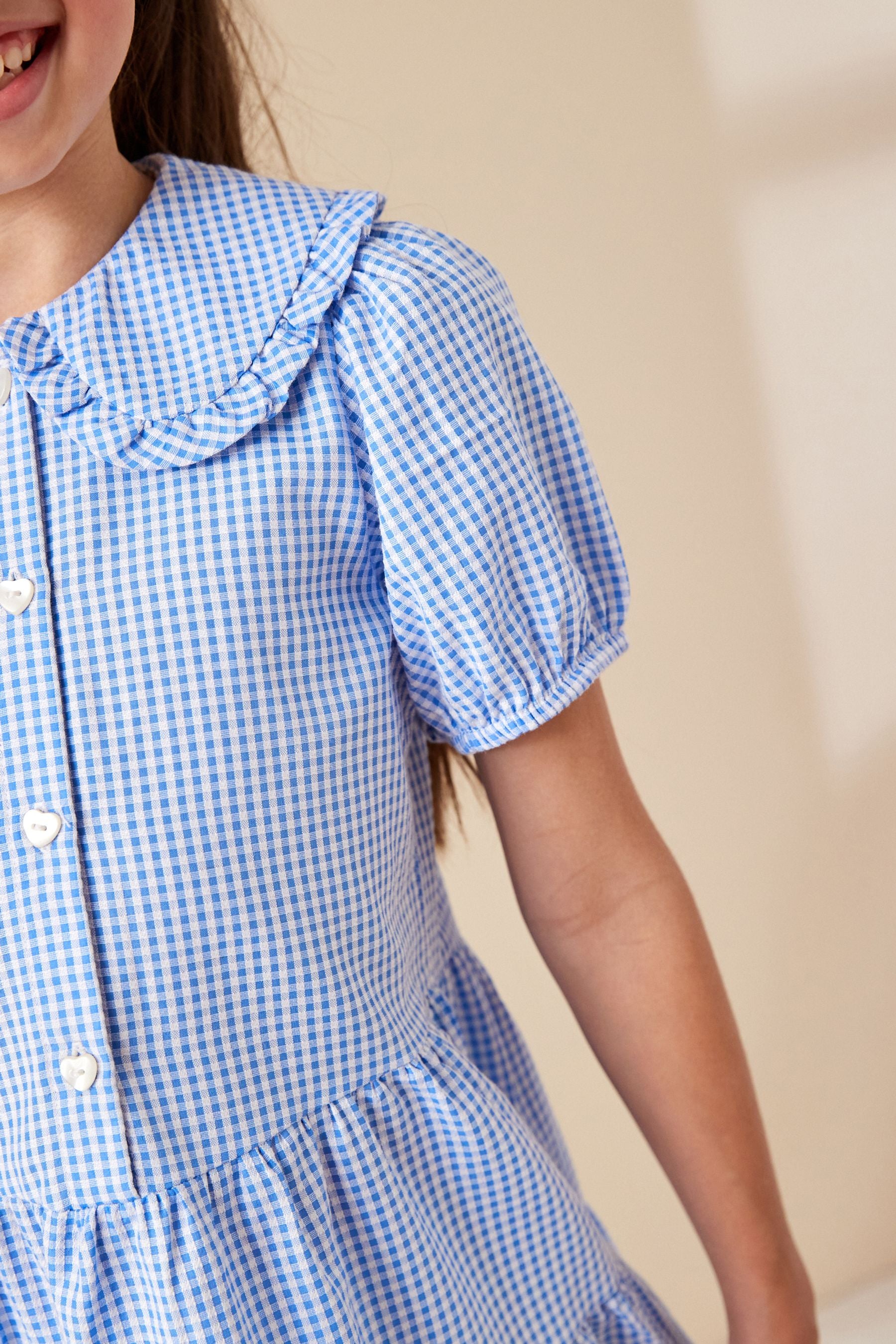 Blue Cotton Rich School Gingham Tiered Pretty Collar Dress (3-14yrs)