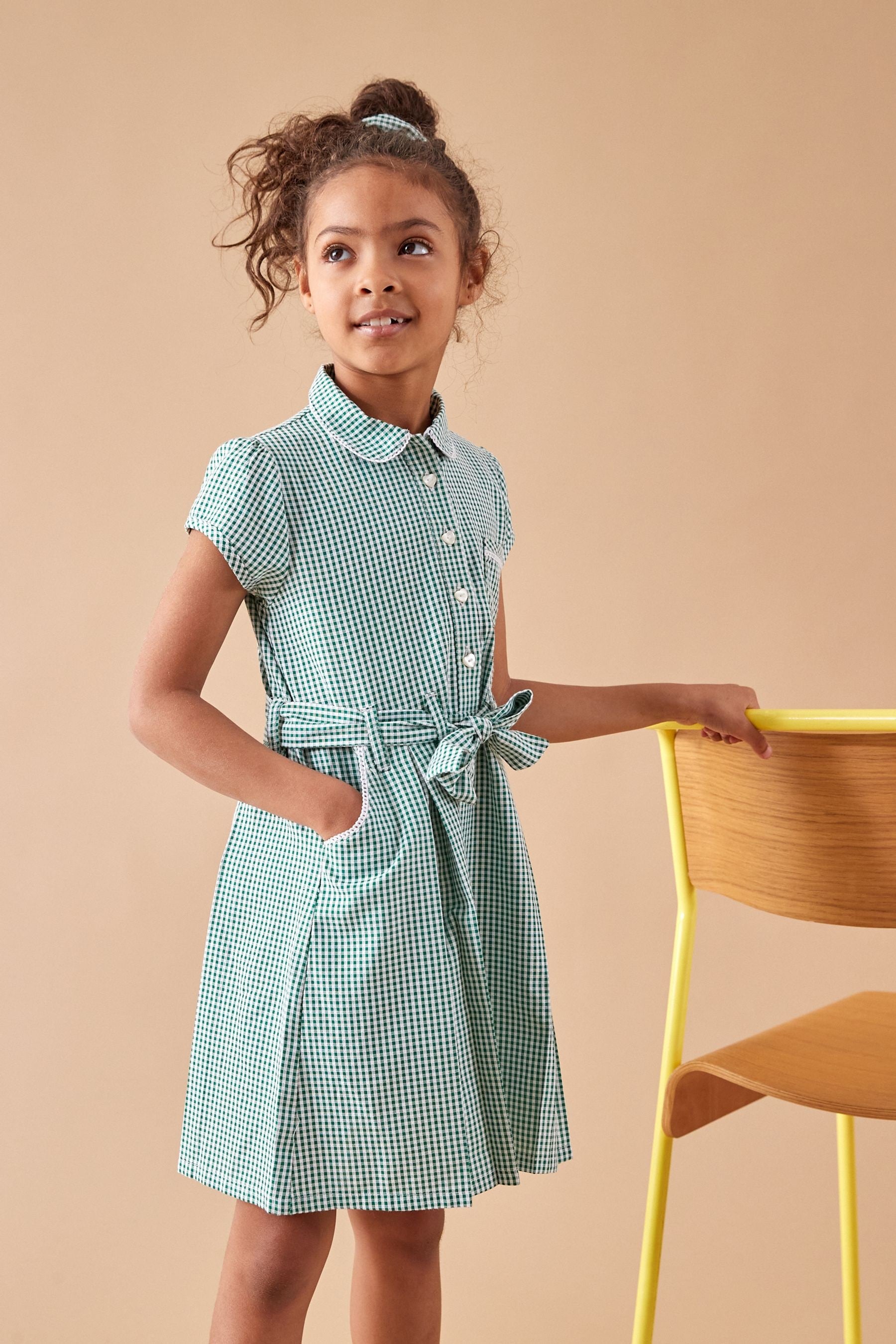 Green Gingham 100% Cotton Rich Belted School Dress With Scrunchie (3-14yrs)