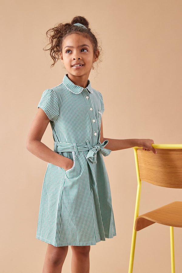 Green Gingham 100% Cotton Rich Belted School Dress With Scrunchie (3-14yrs)