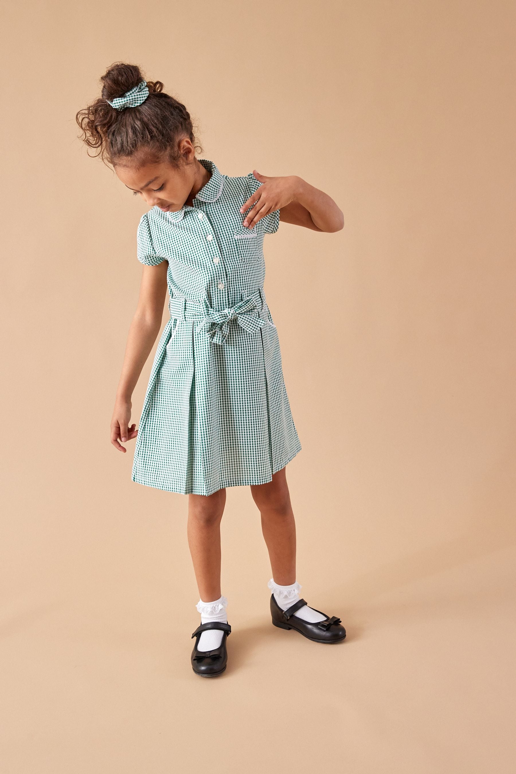 Green Gingham 100% Cotton Rich Belted School Dress With Scrunchie (3-14yrs)