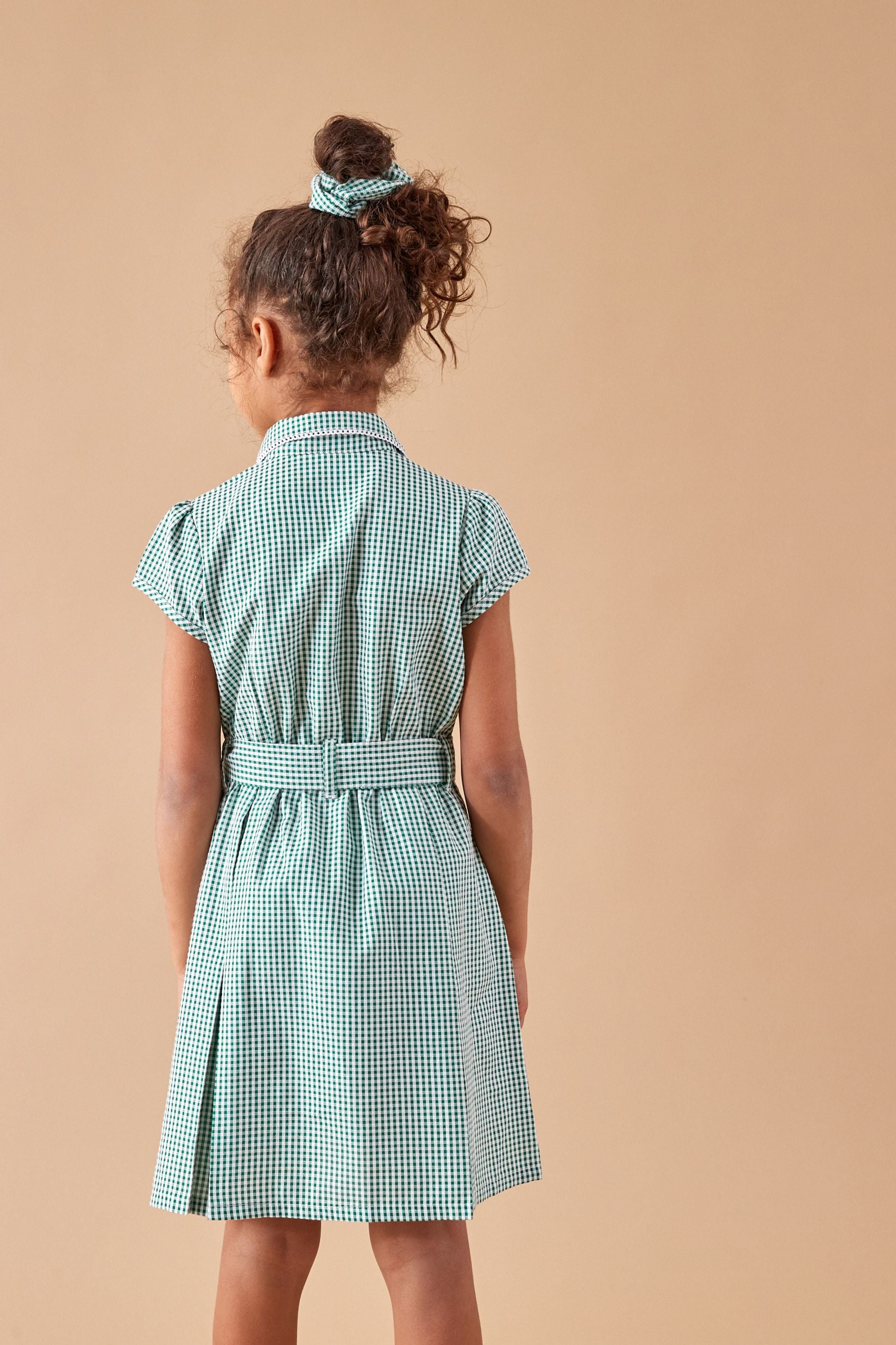 Green Gingham 100% Cotton Rich Belted School Dress With Scrunchie (3-14yrs)