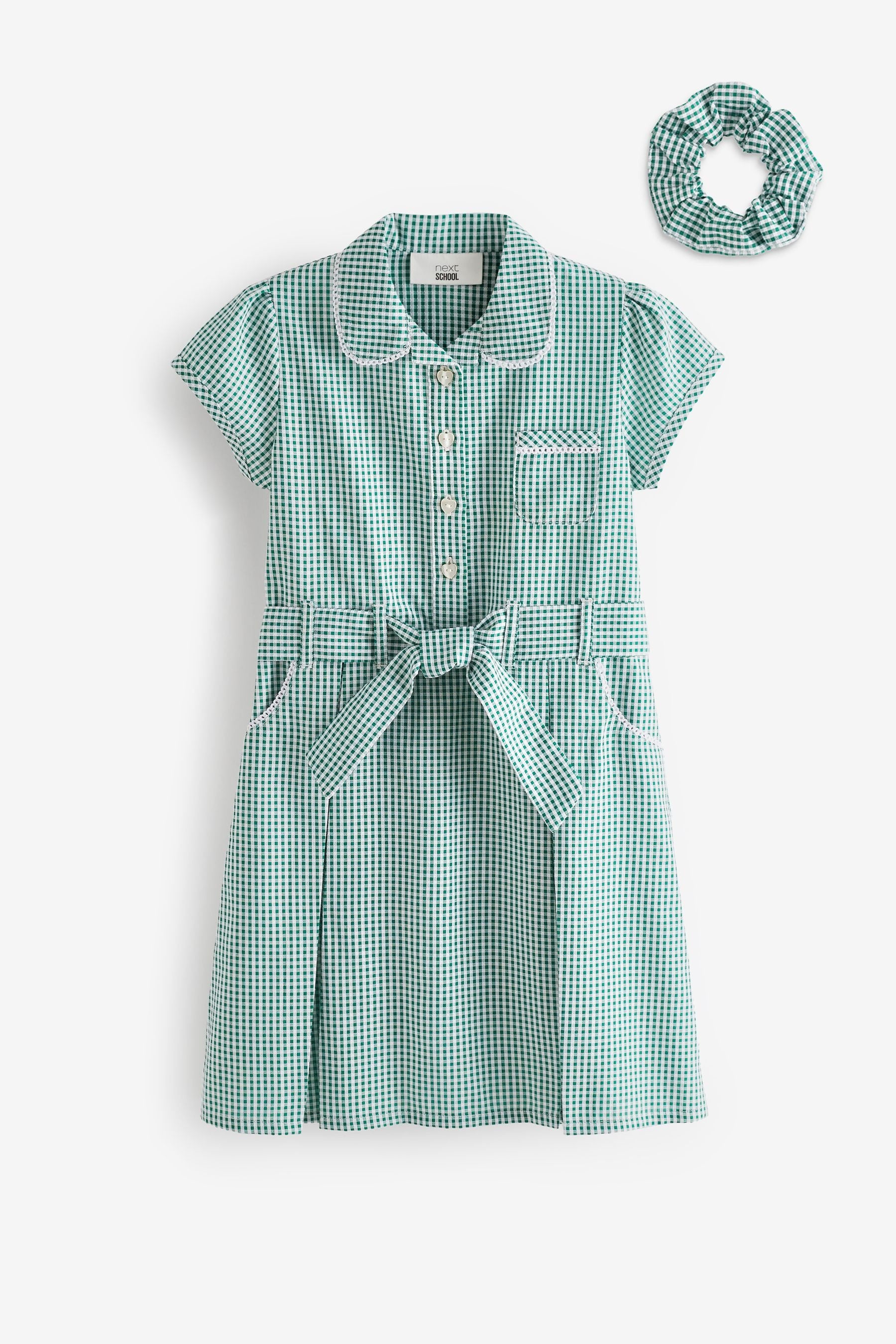 Green Gingham 100% Cotton Rich Belted School Dress With Scrunchie (3-14yrs)