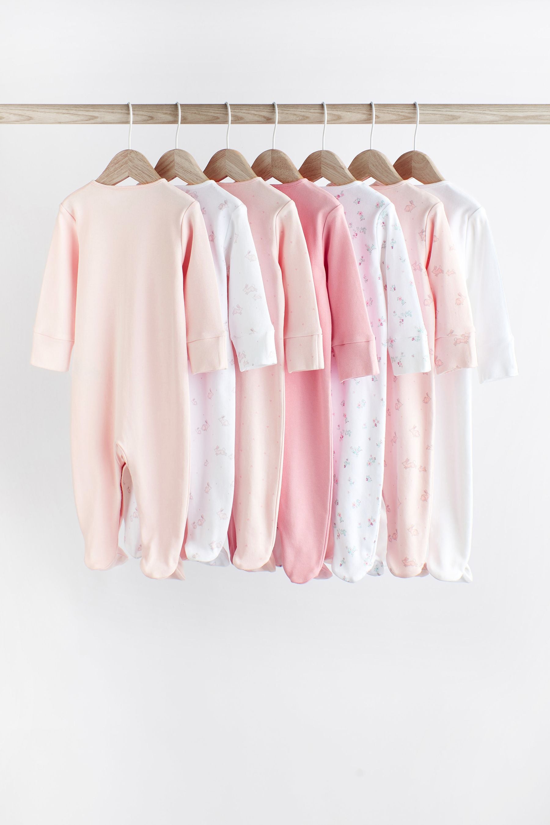 Pale Pink Floral 7 Pack Baby Sleepsuits (0-2yrs)