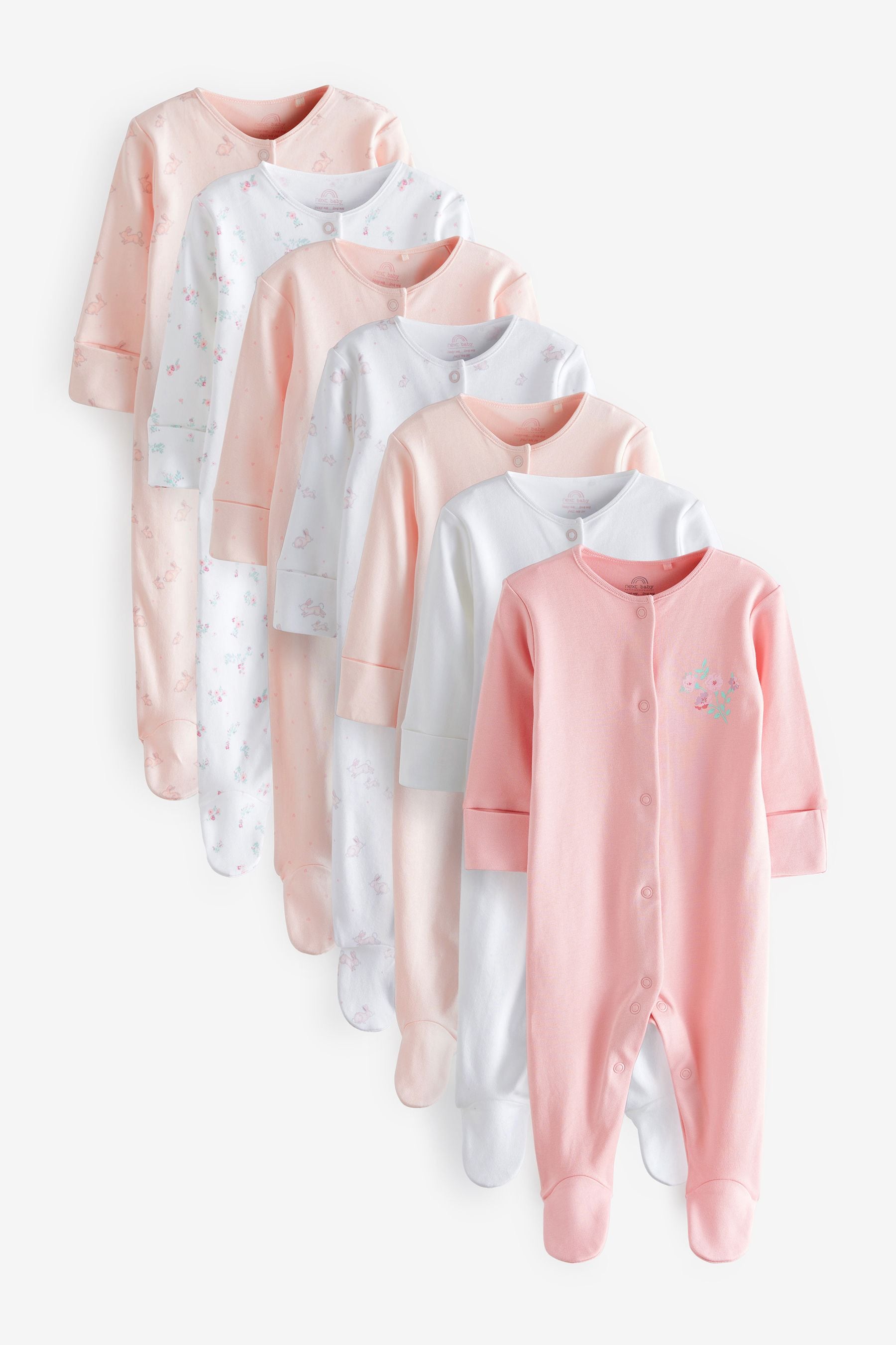 Pale Pink Floral 7 Pack Baby Sleepsuits (0-2yrs)