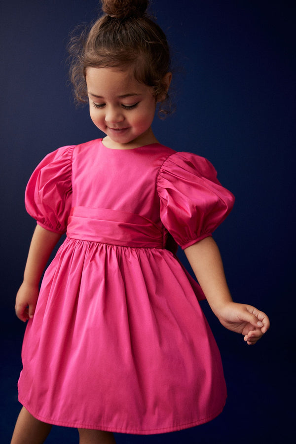 Fuchsia Pink Taffeta Flower Girl Bow Dress (3mths-10yrs)