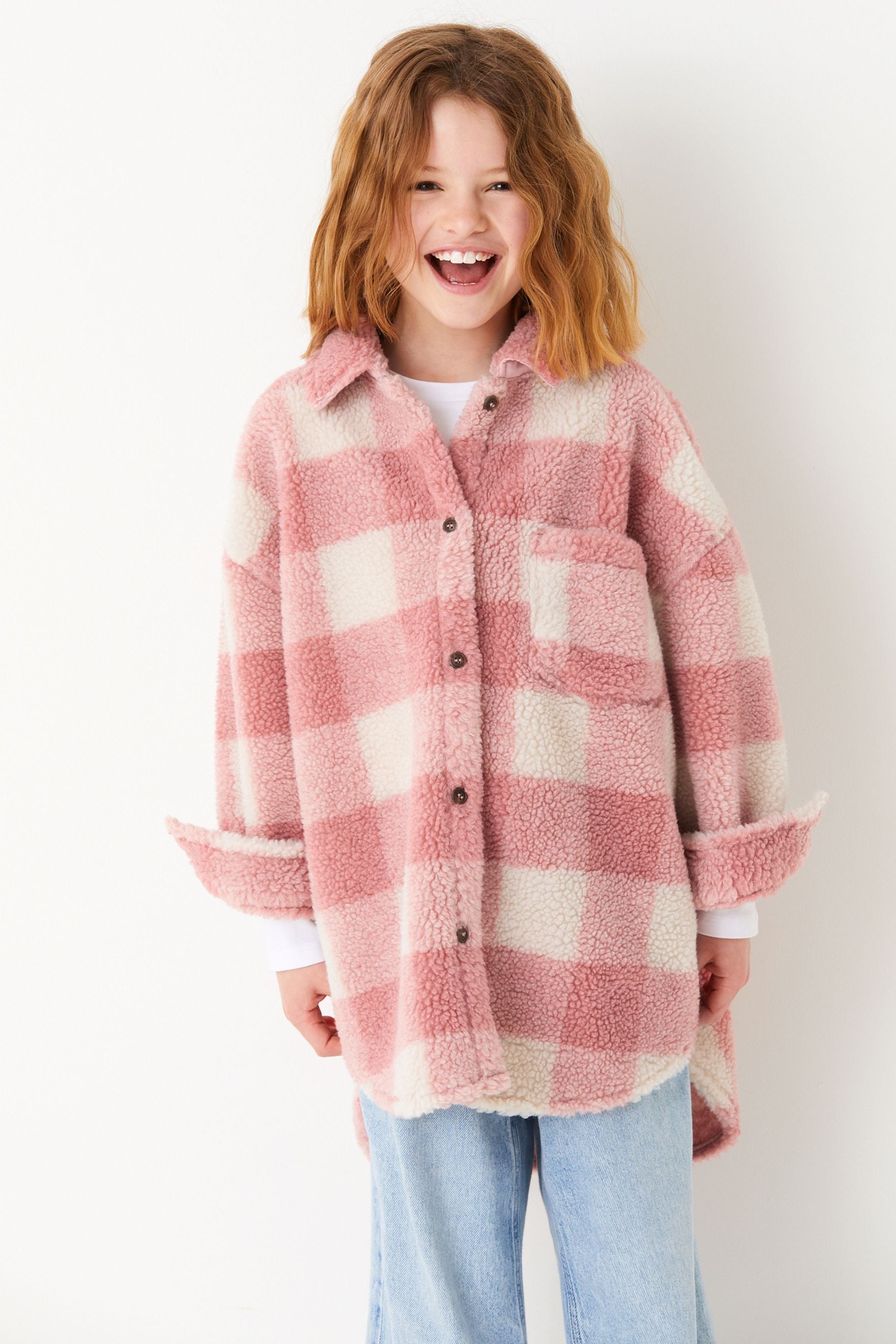 Pink Check Teddy Borg Fleece Shacket (3-16yrs)