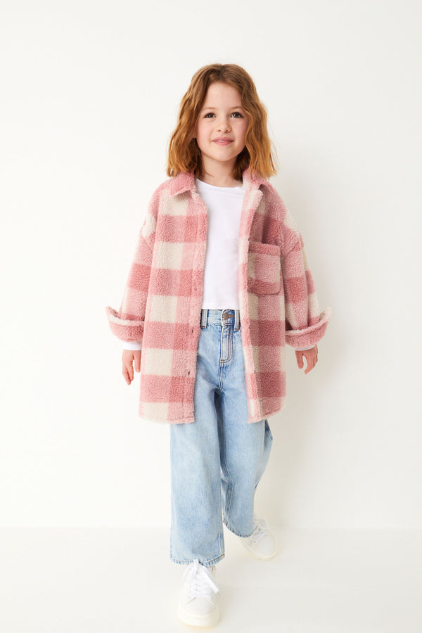 Pink Check Teddy Borg Fleece Shacket (3-16yrs)