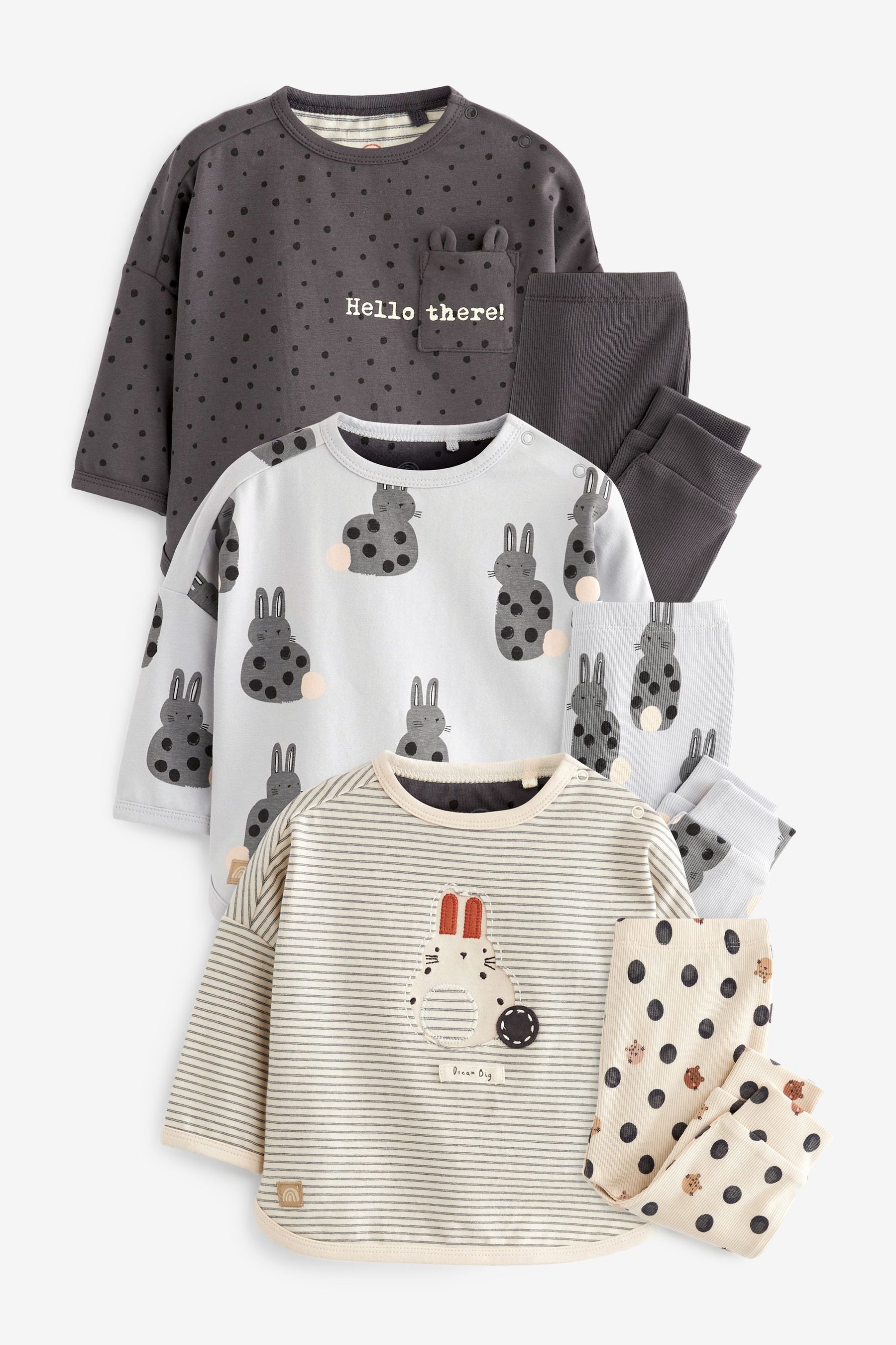 Monochrome Bunny 6 Piece Baby T-Shirts and Leggings Set