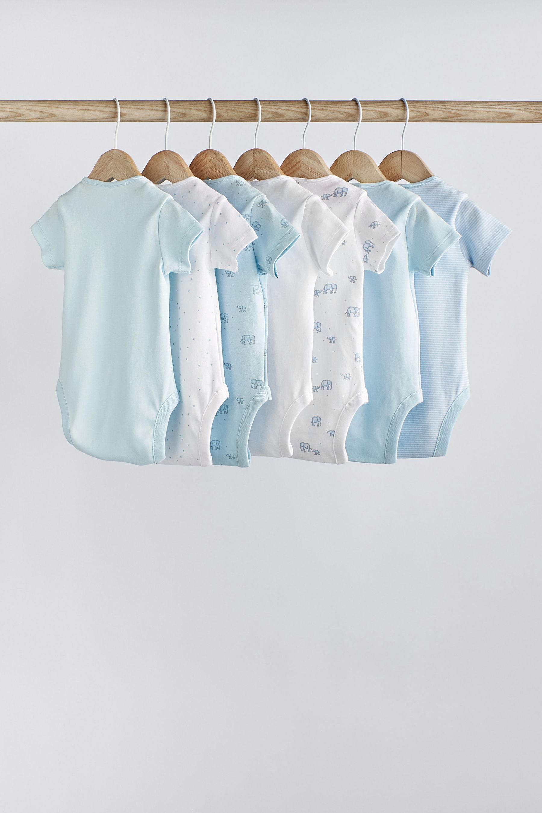 Blue/White Elephant 7 Pack Short Sleeve Baby Bodysuits