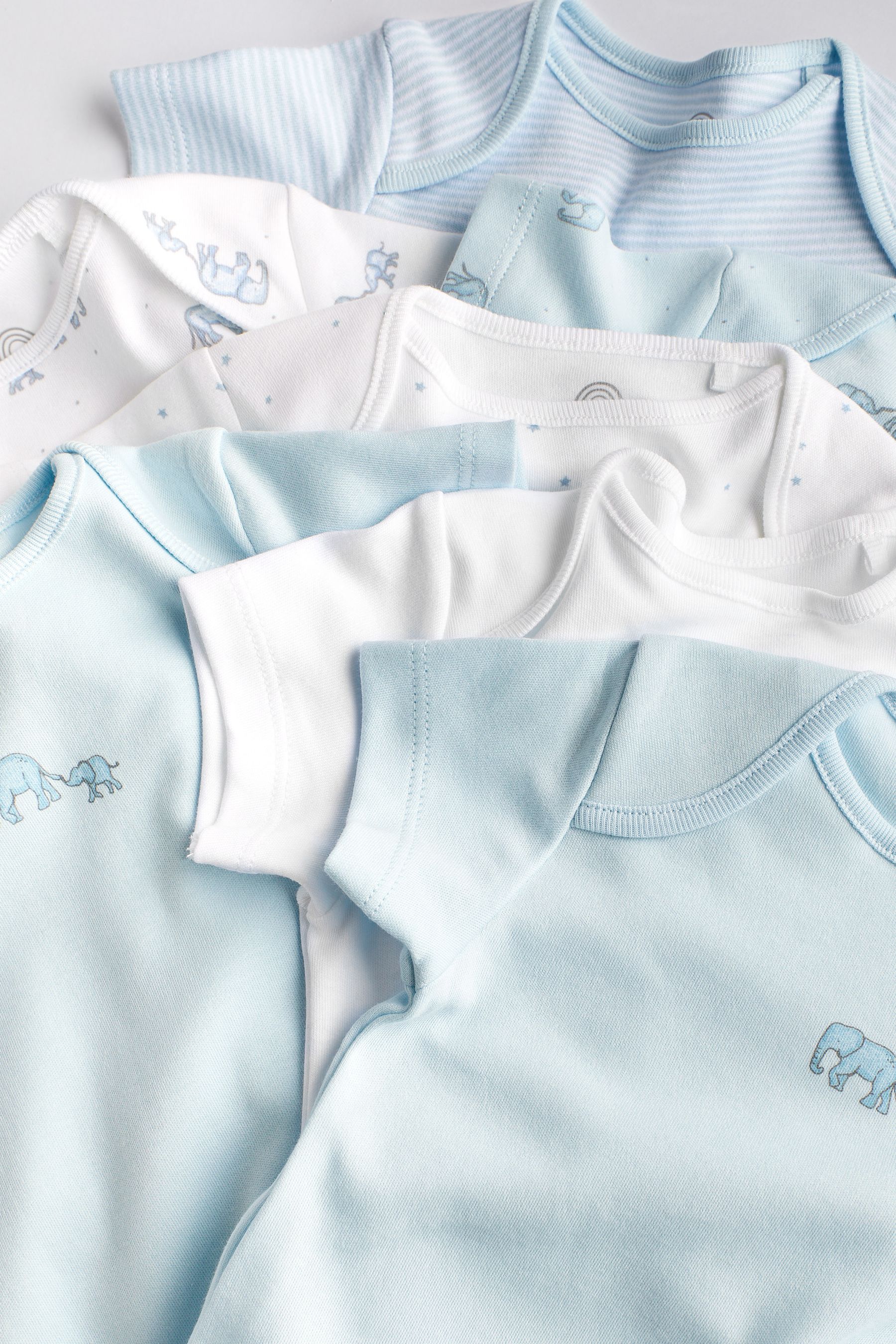 Blue/White Elephant 7 Pack Short Sleeve Baby Bodysuits