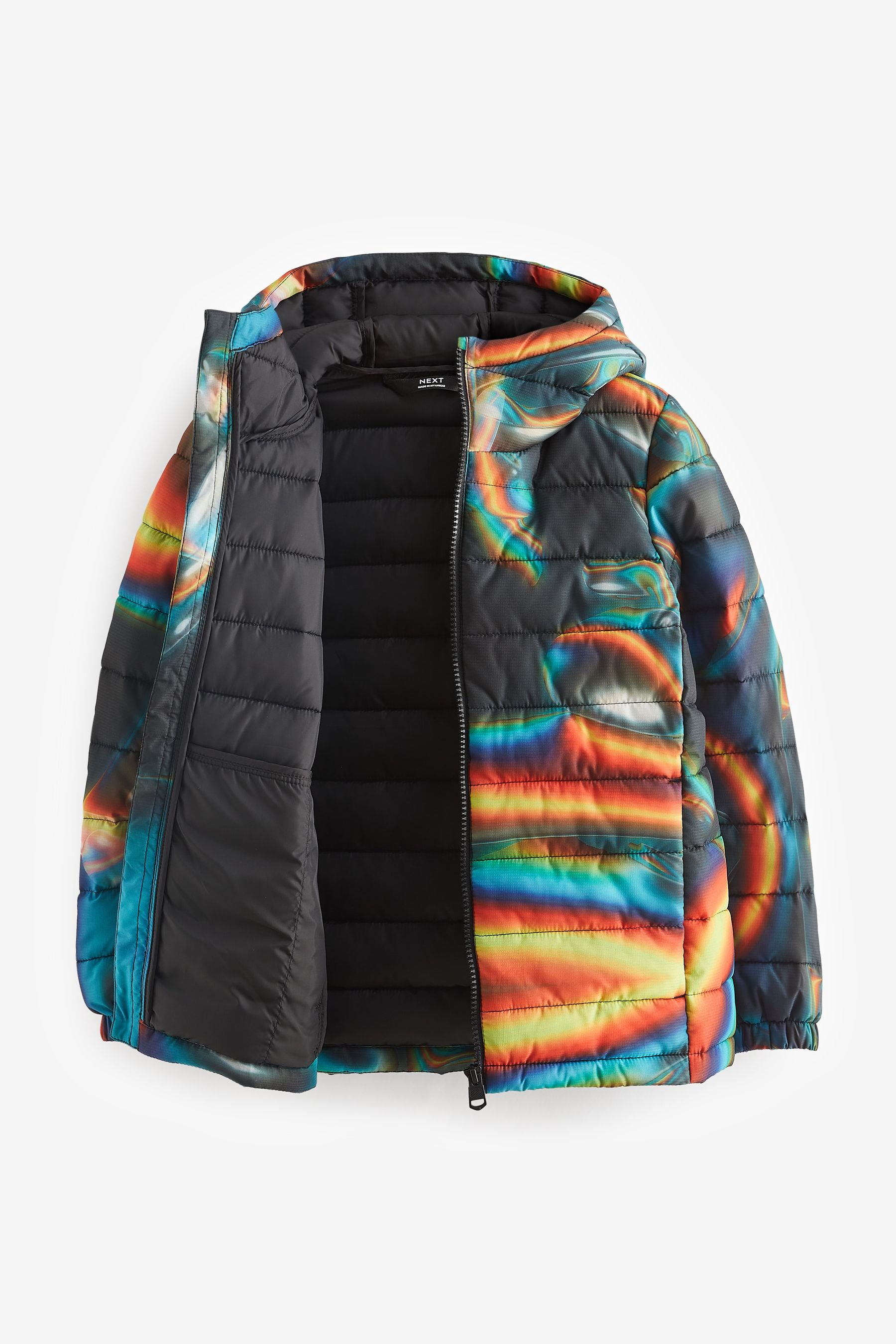 Black Print Quilted Midweight Hooded Jacket (3-16yrs)