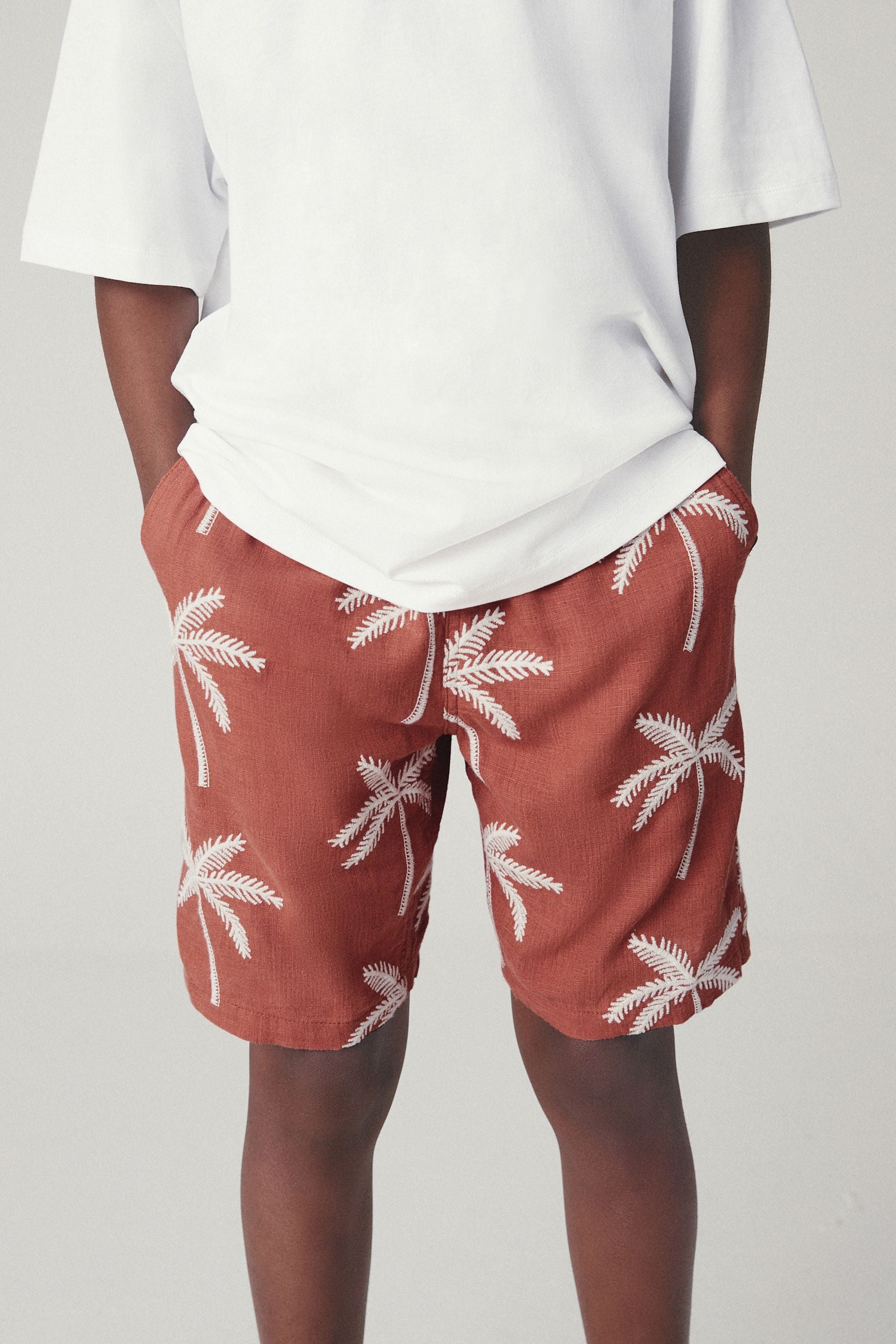 Orange Palm Tree Textured Shorts With Linen (3-16yrs)