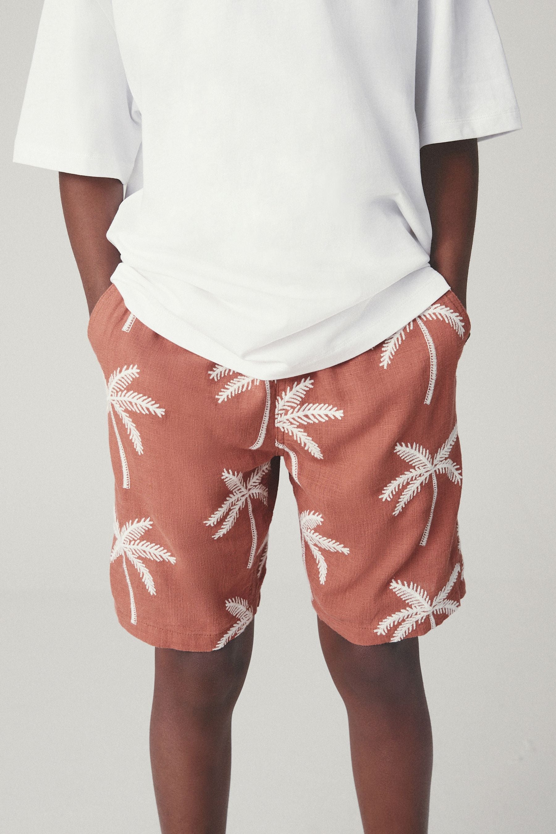 Orange Palm Tree Textured Shorts With Linen (3-16yrs)