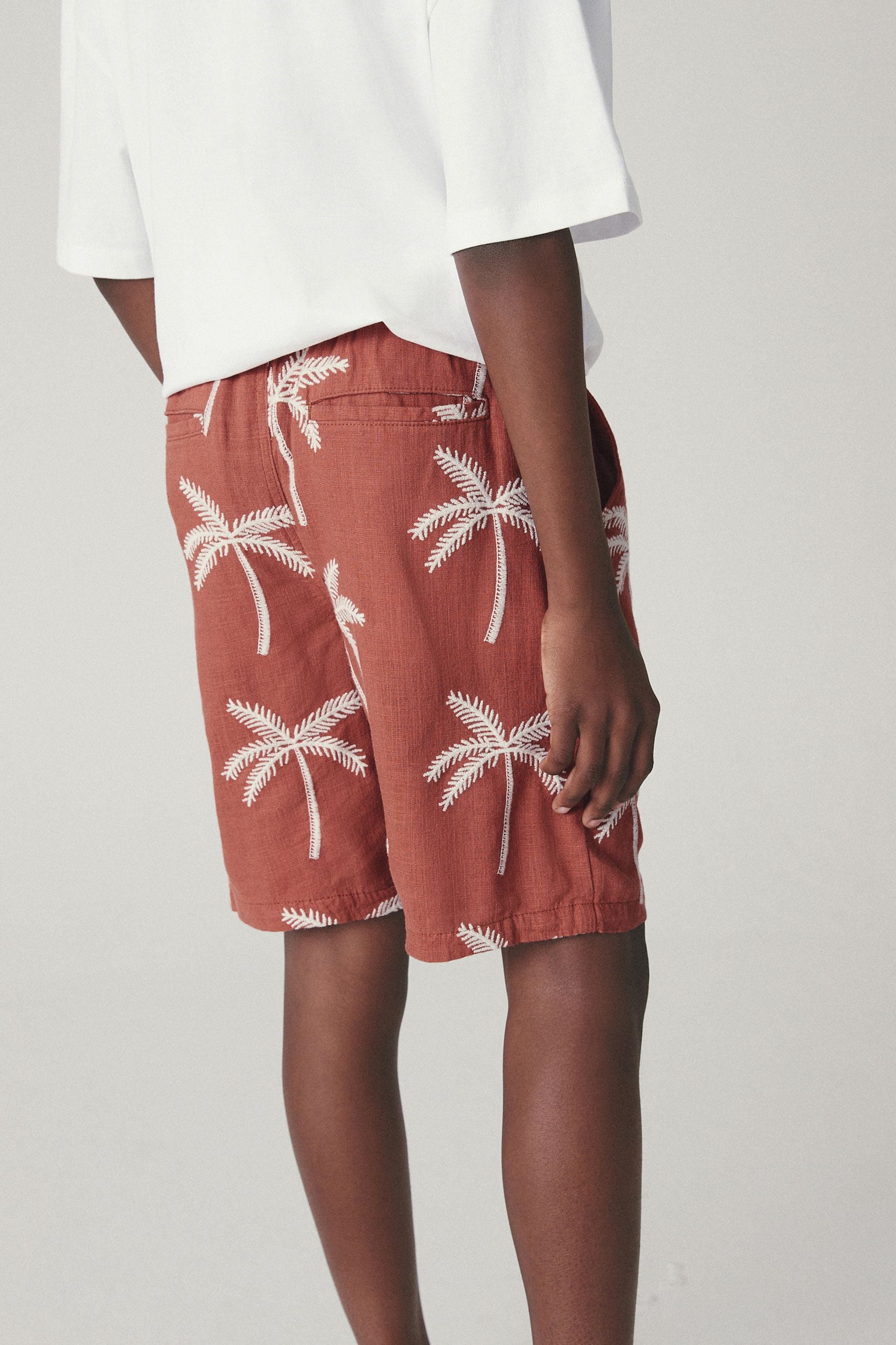 Orange Palm Tree Textured Shorts With Linen (3-16yrs)