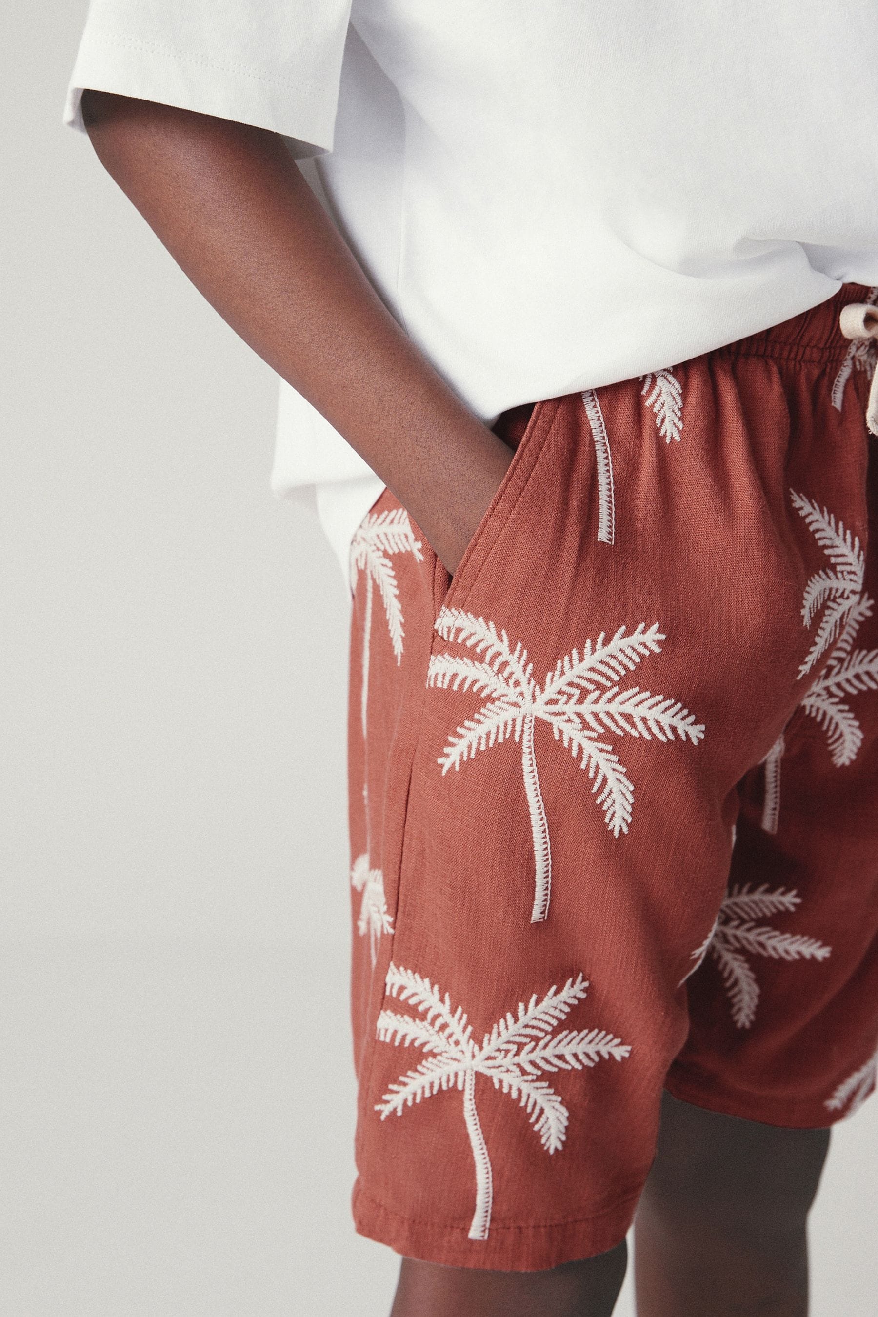 Orange Palm Tree Textured Shorts With Linen (3-16yrs)