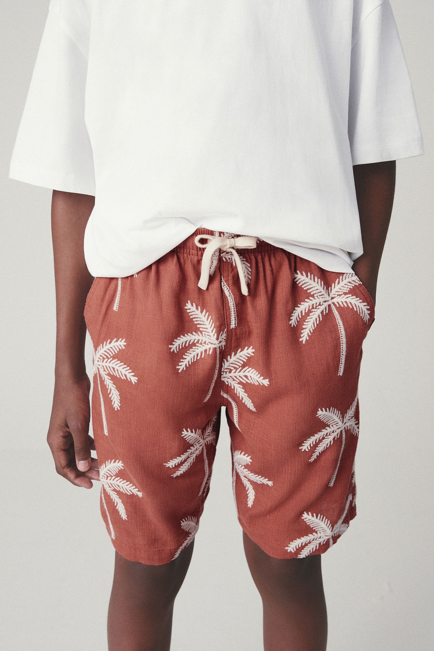 Orange Palm Tree Textured Shorts With Linen (3-16yrs)