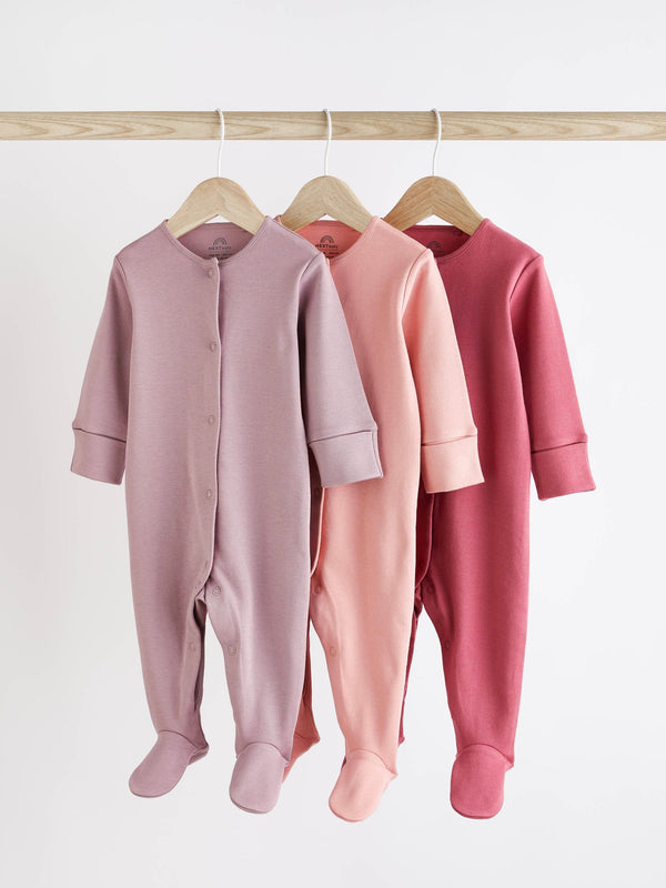 Pink 3 Pack 100% Cotton Baby Sleepsuits (0-2yrs)