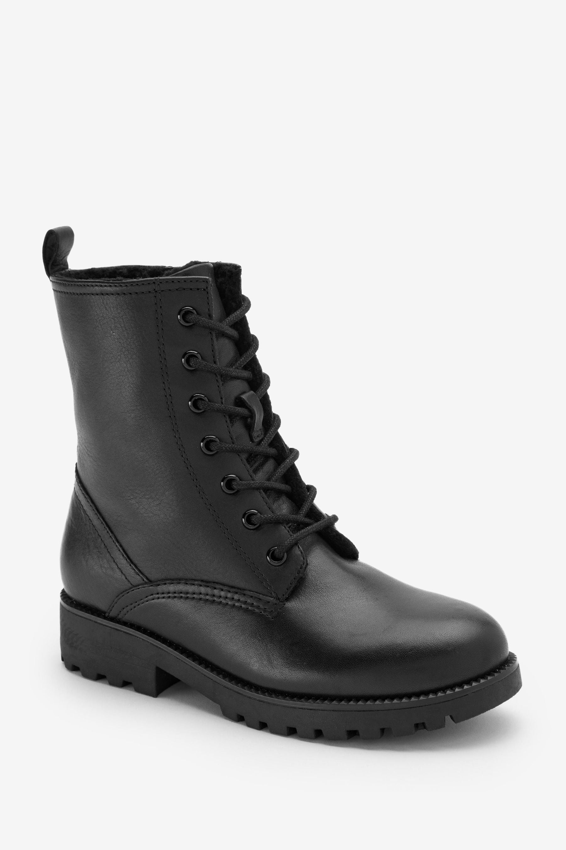 Black Leather Wide Fit (G) Warm Lined Lace Up Boots