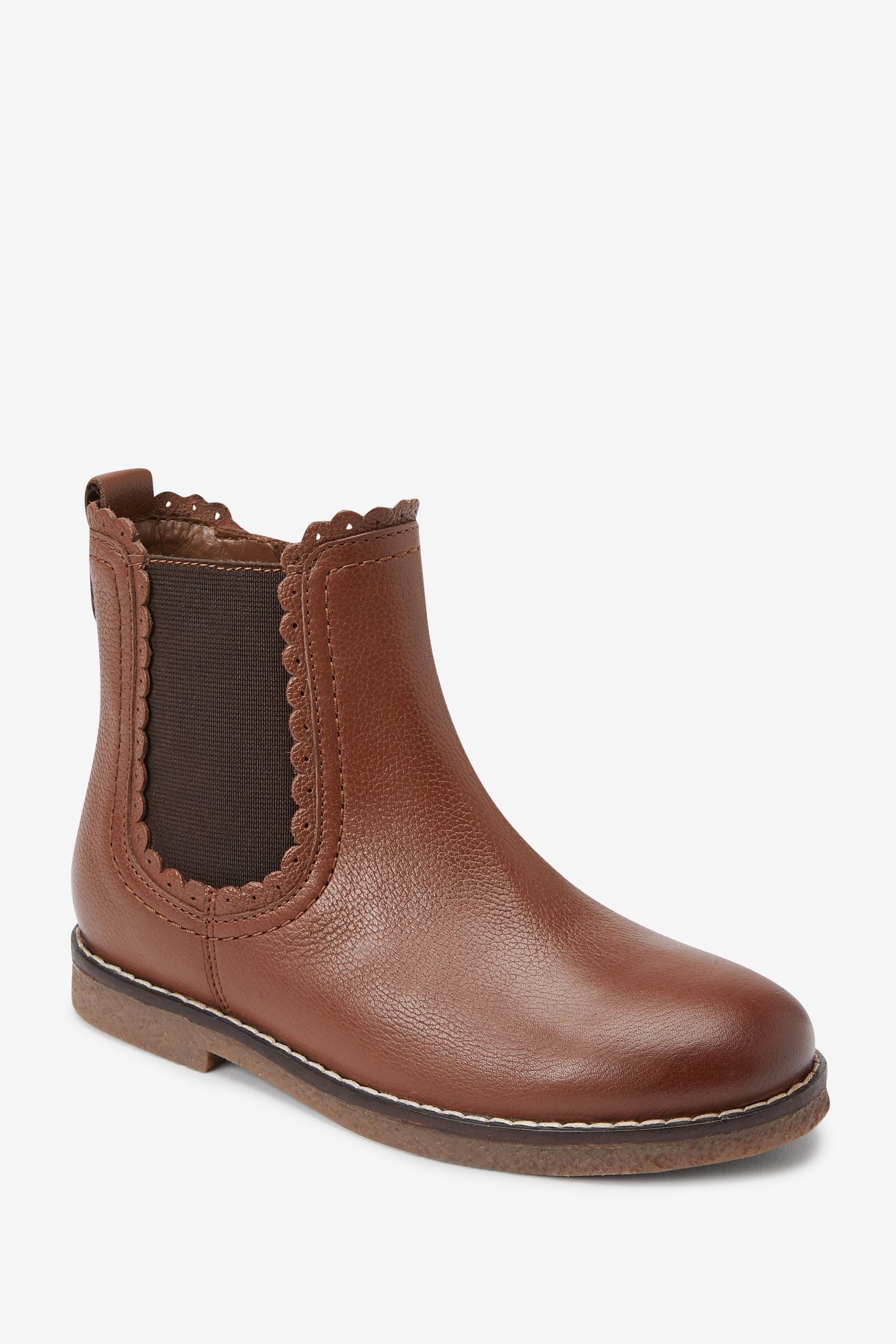 Tan Brown Leather Scallop Premium Chelsea Boots