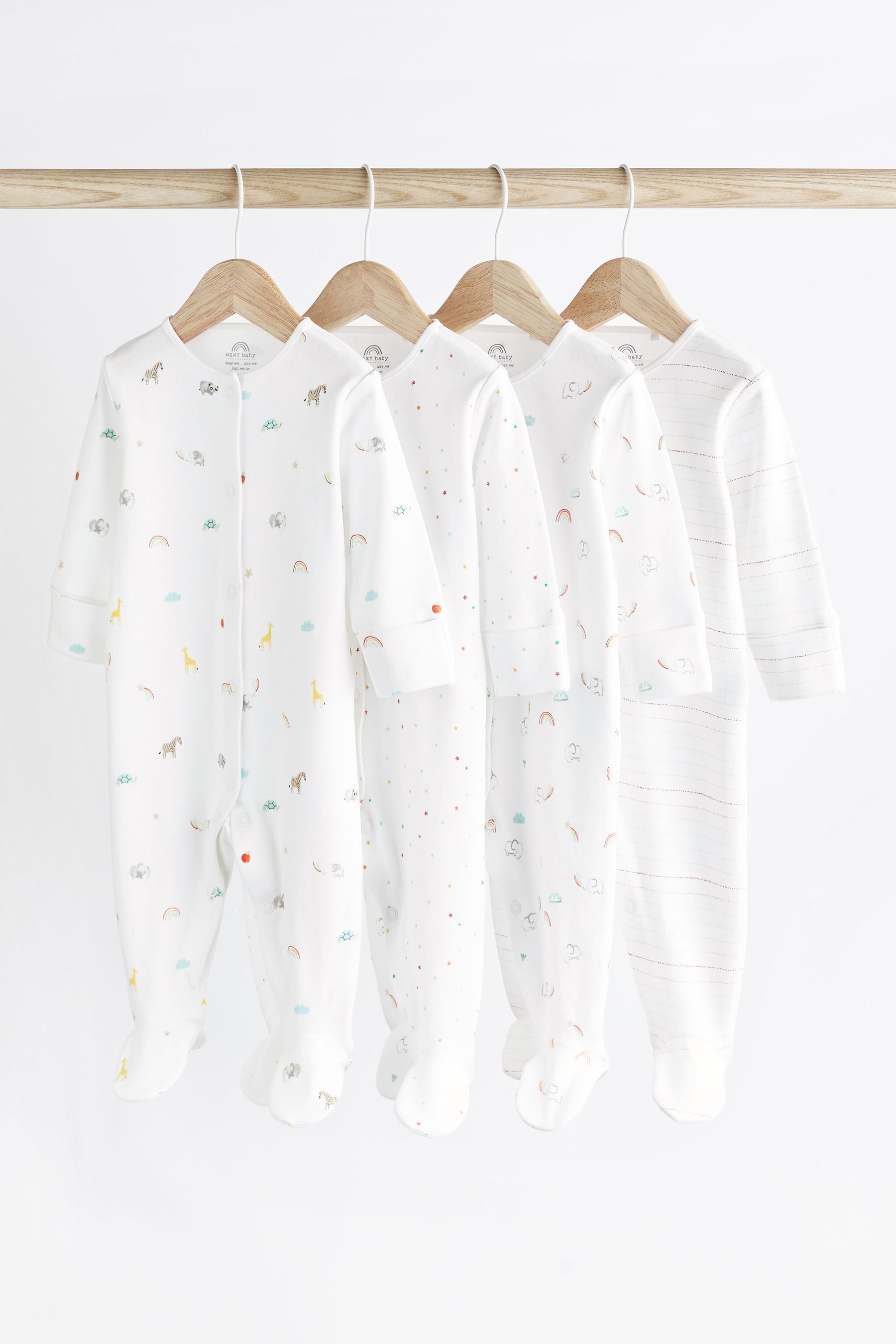 White Bright Animal 4 Pack Baby Printed Long Sleeve Sleepsuits (0-2yrs)