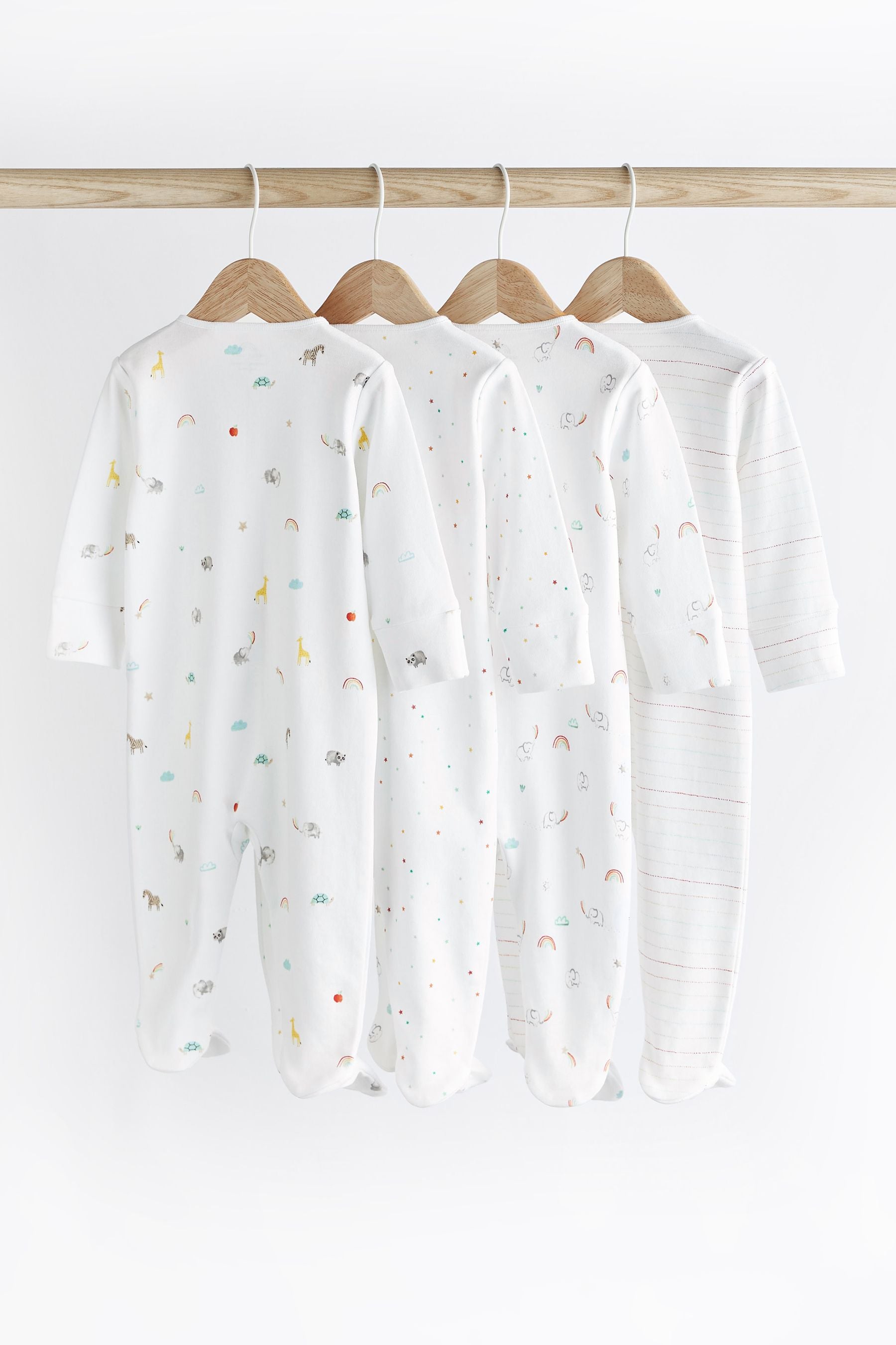 White Bright Animal 4 Pack Baby Printed Long Sleeve Sleepsuits (0-2yrs)