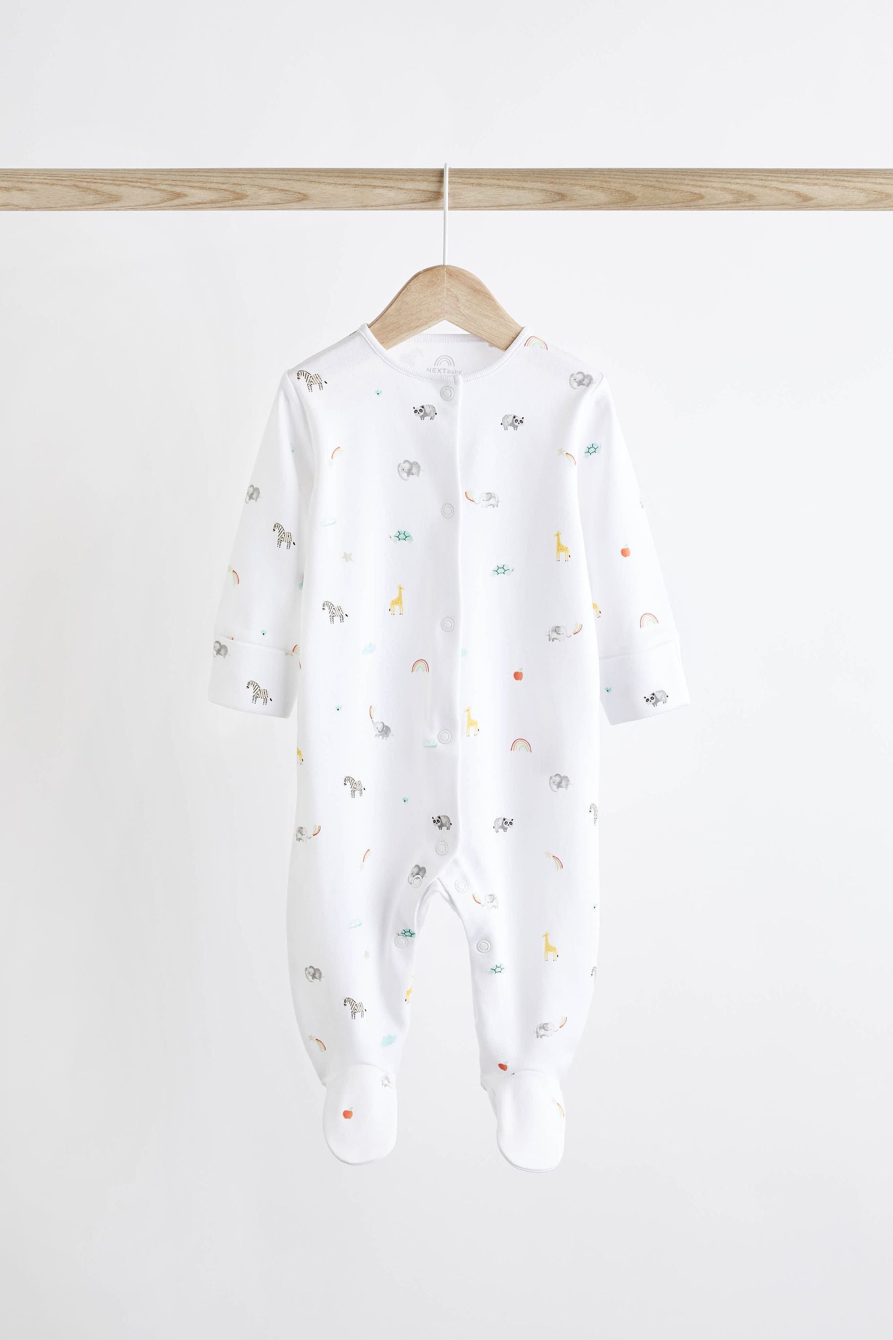 White Bright Animal 4 Pack Baby Printed Long Sleeve Sleepsuits (0-2yrs)