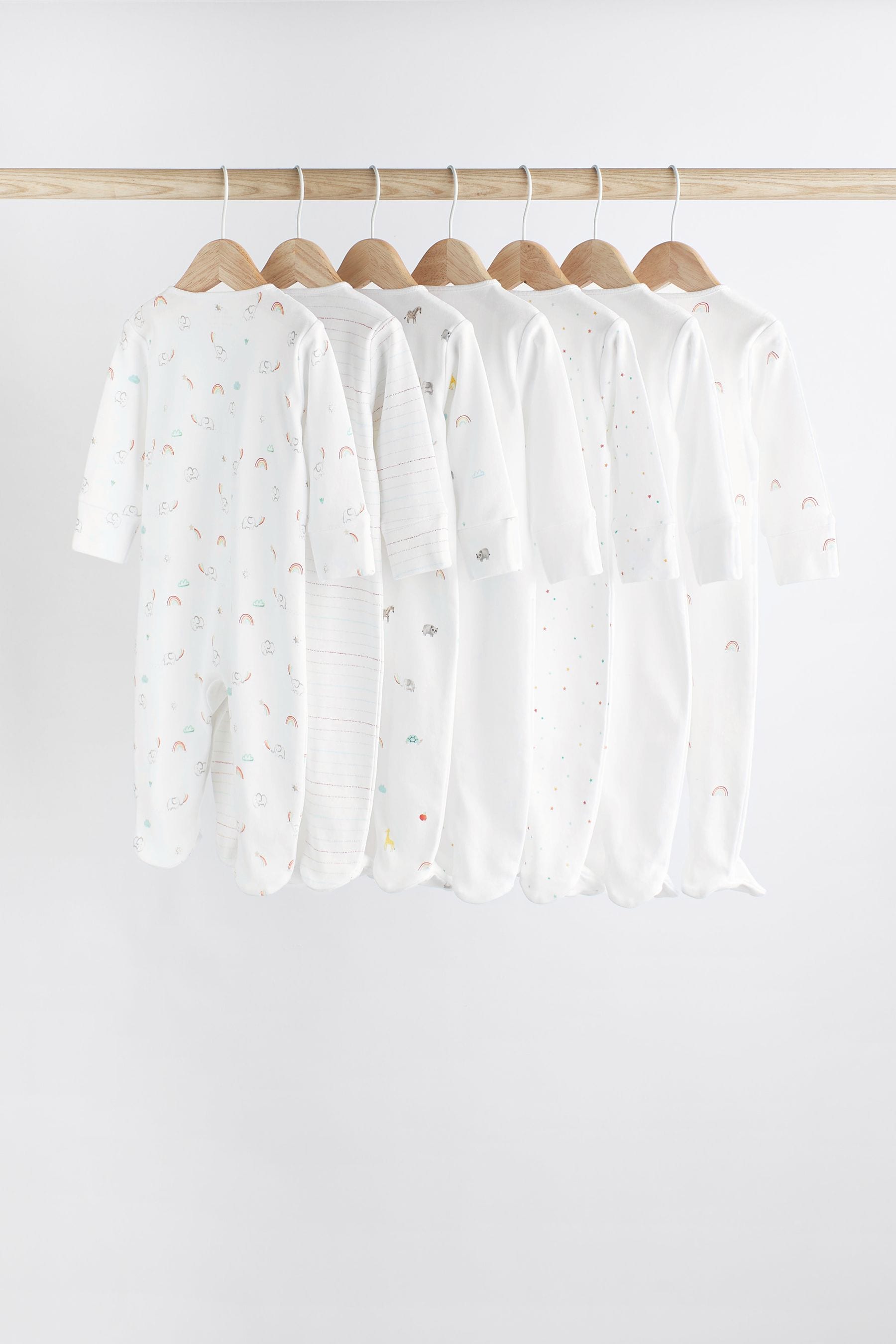 White Bright Animal 7 Pack Baby Printed Long Sleeve Sleepsuits (0-2yrs)