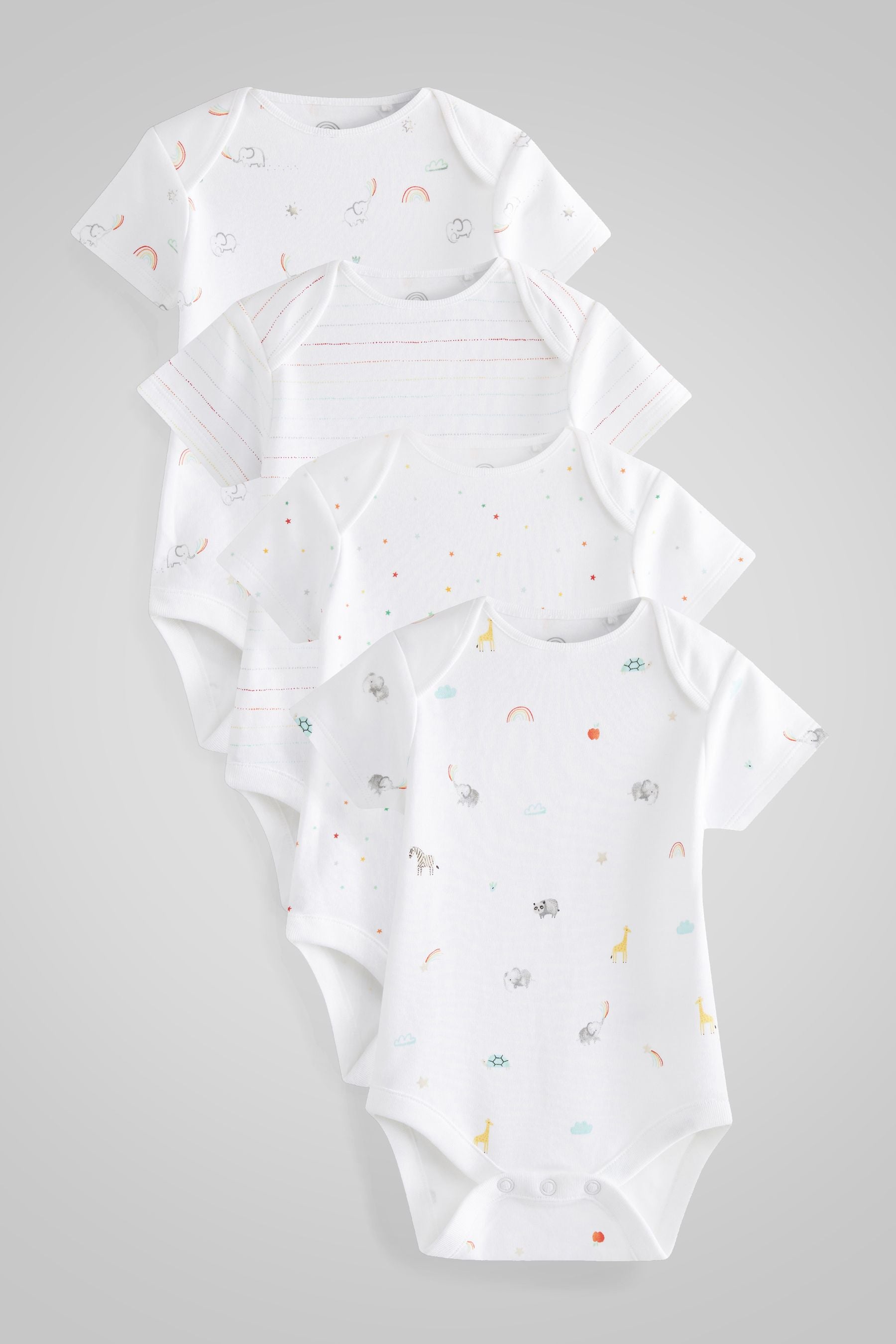 White Bright Animal 4 Pack Baby Printed Short Sleeve Bodysuits