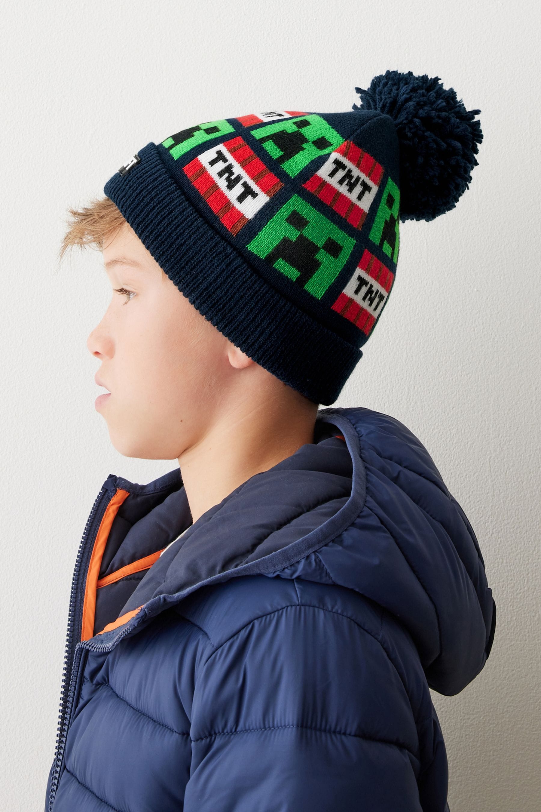 Minecraft Navy Blue License Knitted Pom Hat (3-16yrs)