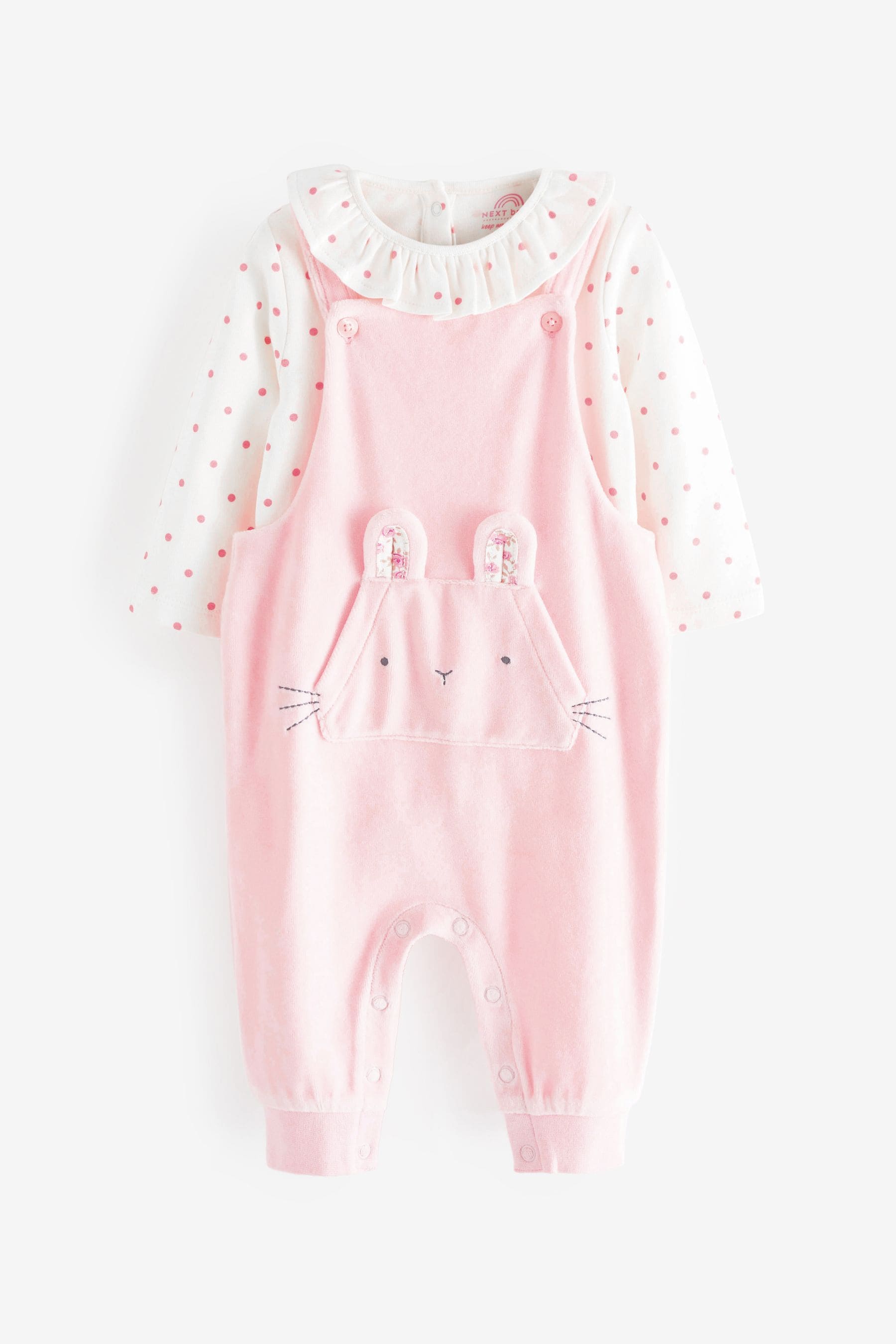 Baby Pink Character Bunny 2 Piece Velour Dungarees And Bodysuit Set (0mths-2yrs)